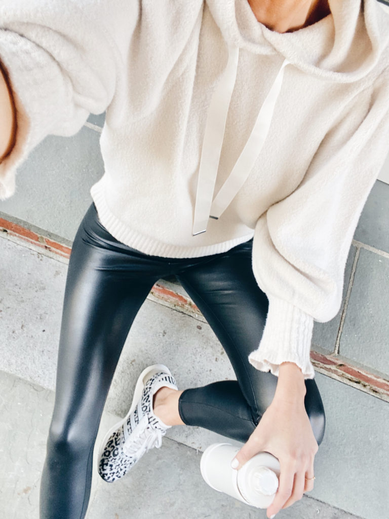 sneakers with black faux leather leggings outfit