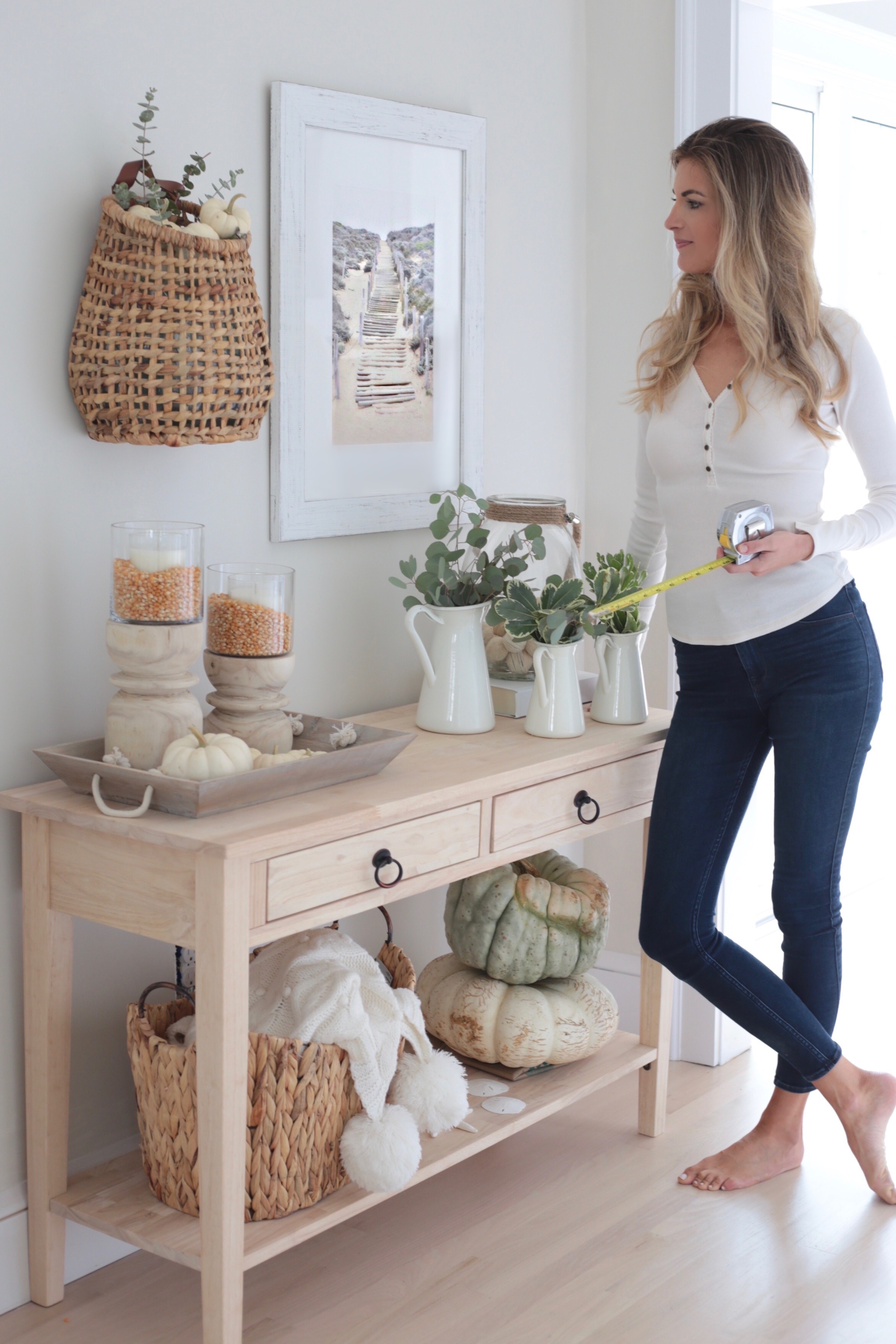  tips for picking art for your your home - coastal art from minted over console table decorated for Fall on pinteresting plans lifestyle blog