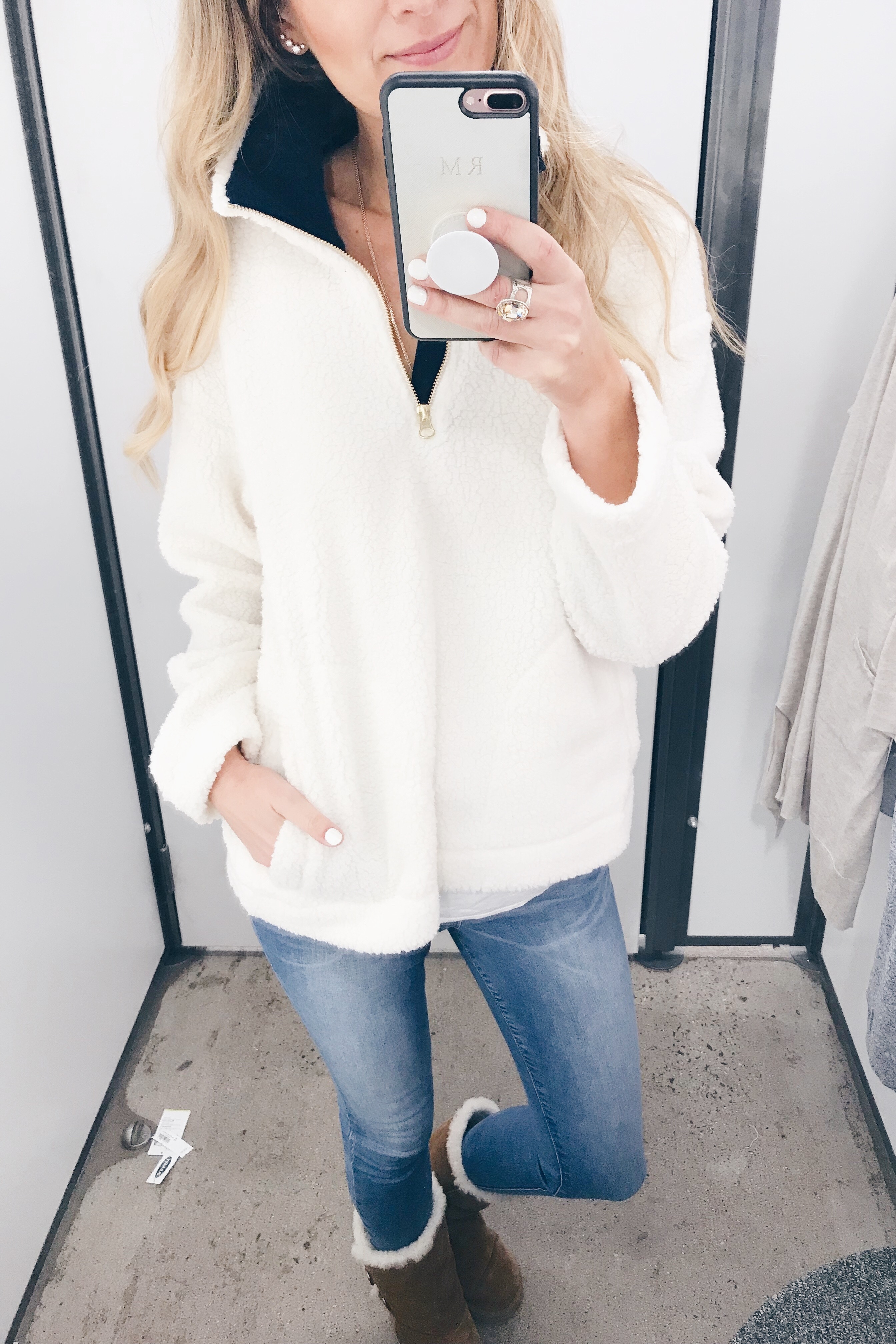 old navy friends and family sale try on - ivory sherpa 1/4 zip pullover