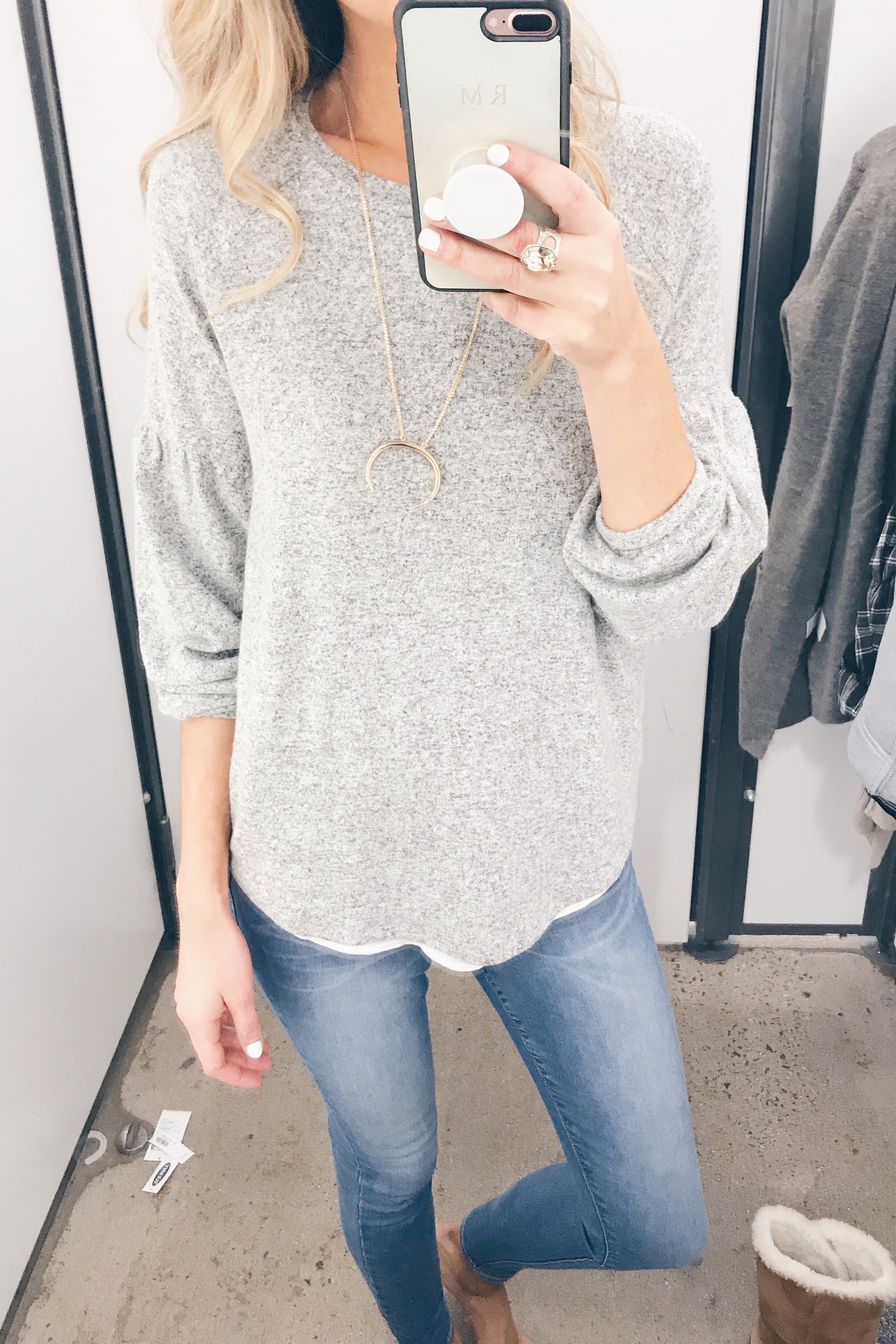 old navy friends and family sale try on - gray fleece top 