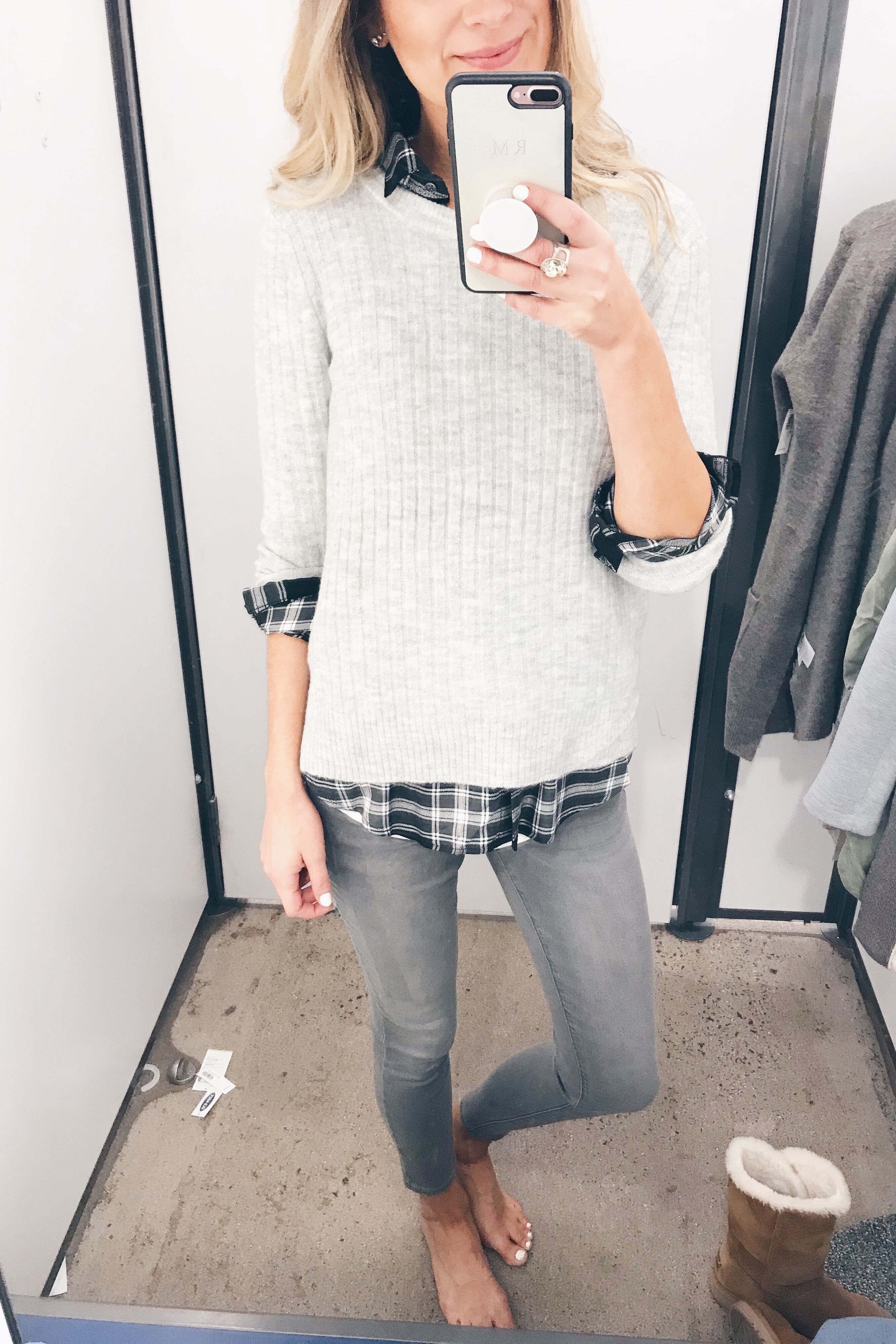 old navy friends and family try on - gray ribbed pullover sweater over plaid shirt and gray skinny jeans on pinteresting plans fashion blog