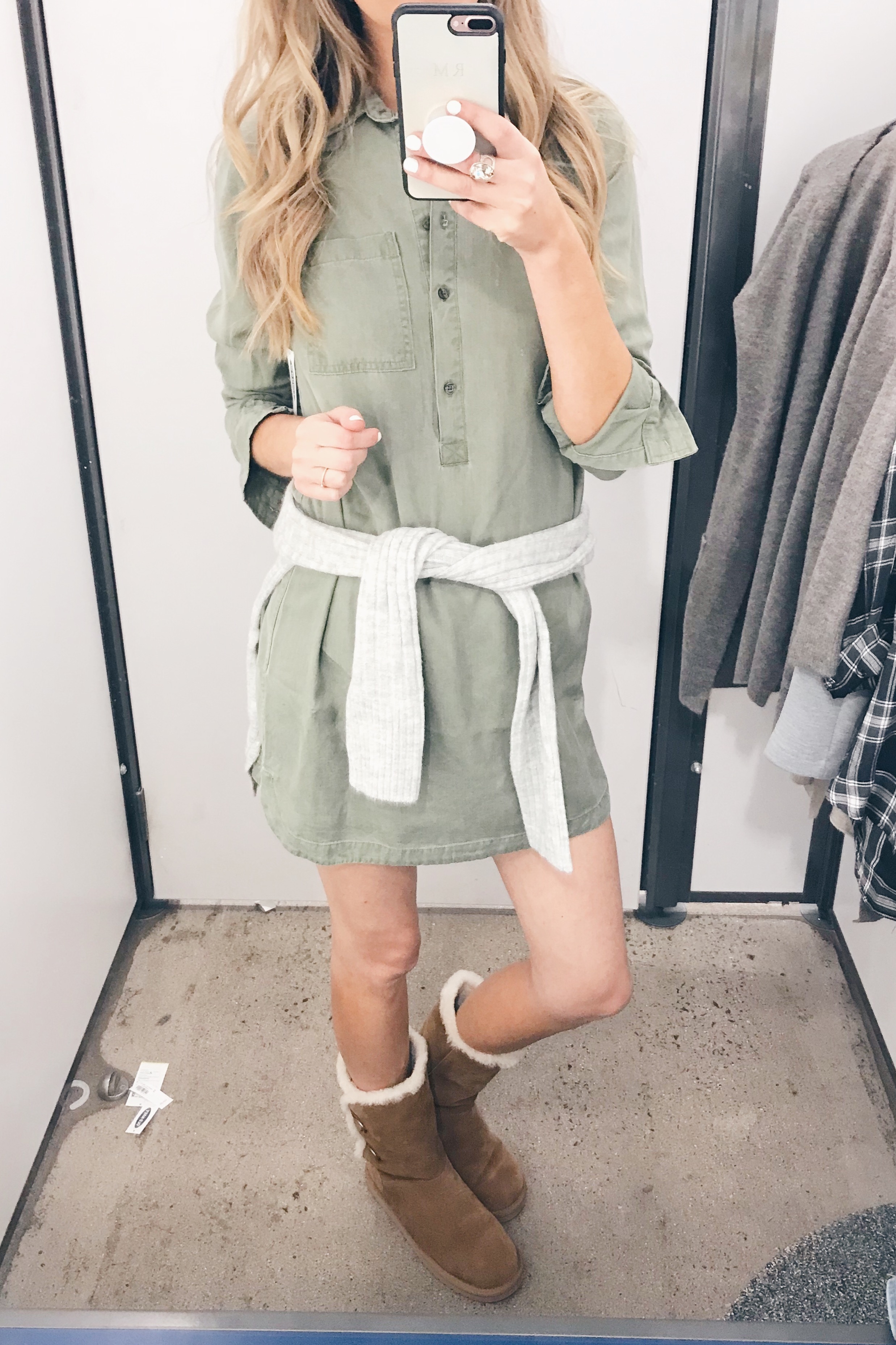 old navy friends and family sale try on - green shirt dress