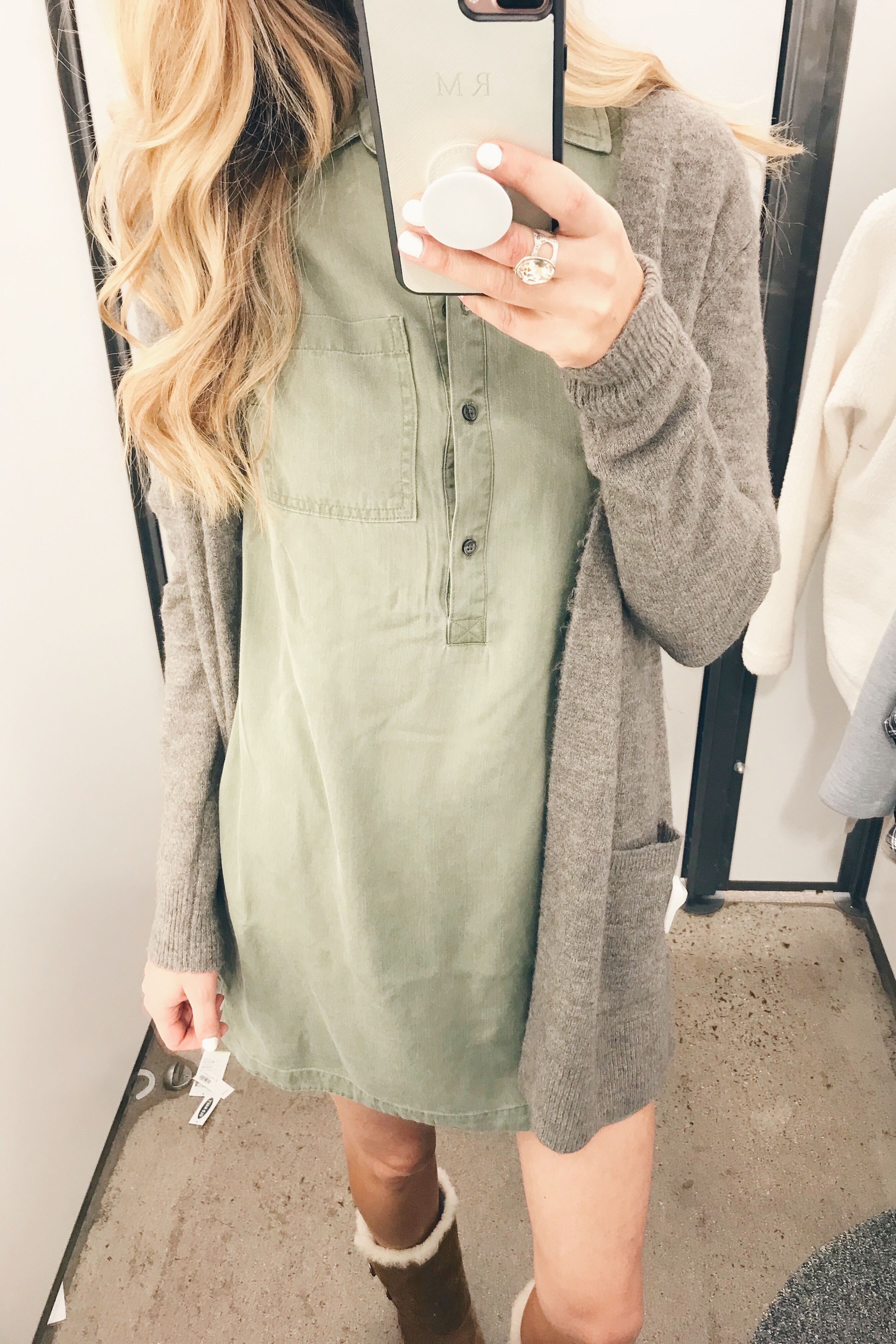 old navy friends and family sale try on - green shirt dress with taupe cardigan