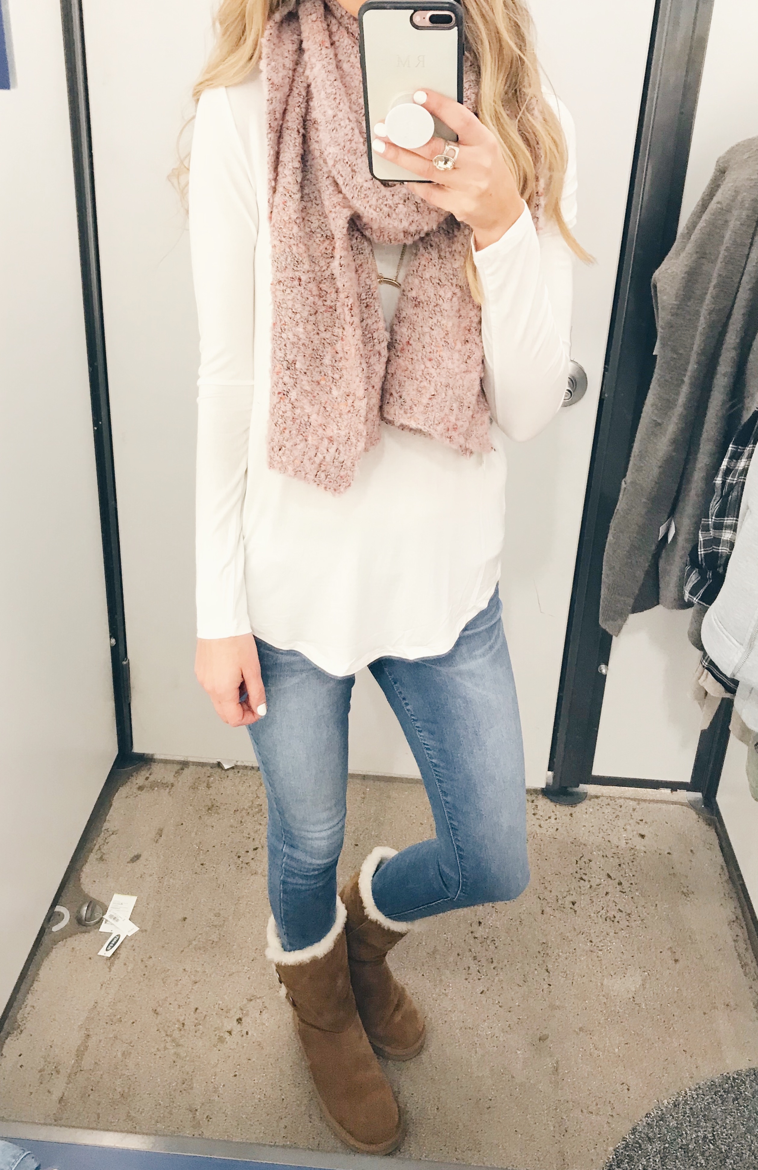old navy friends and family sale try on - luxe white long sleeve tee and sculpt jeggings with pink scarf
