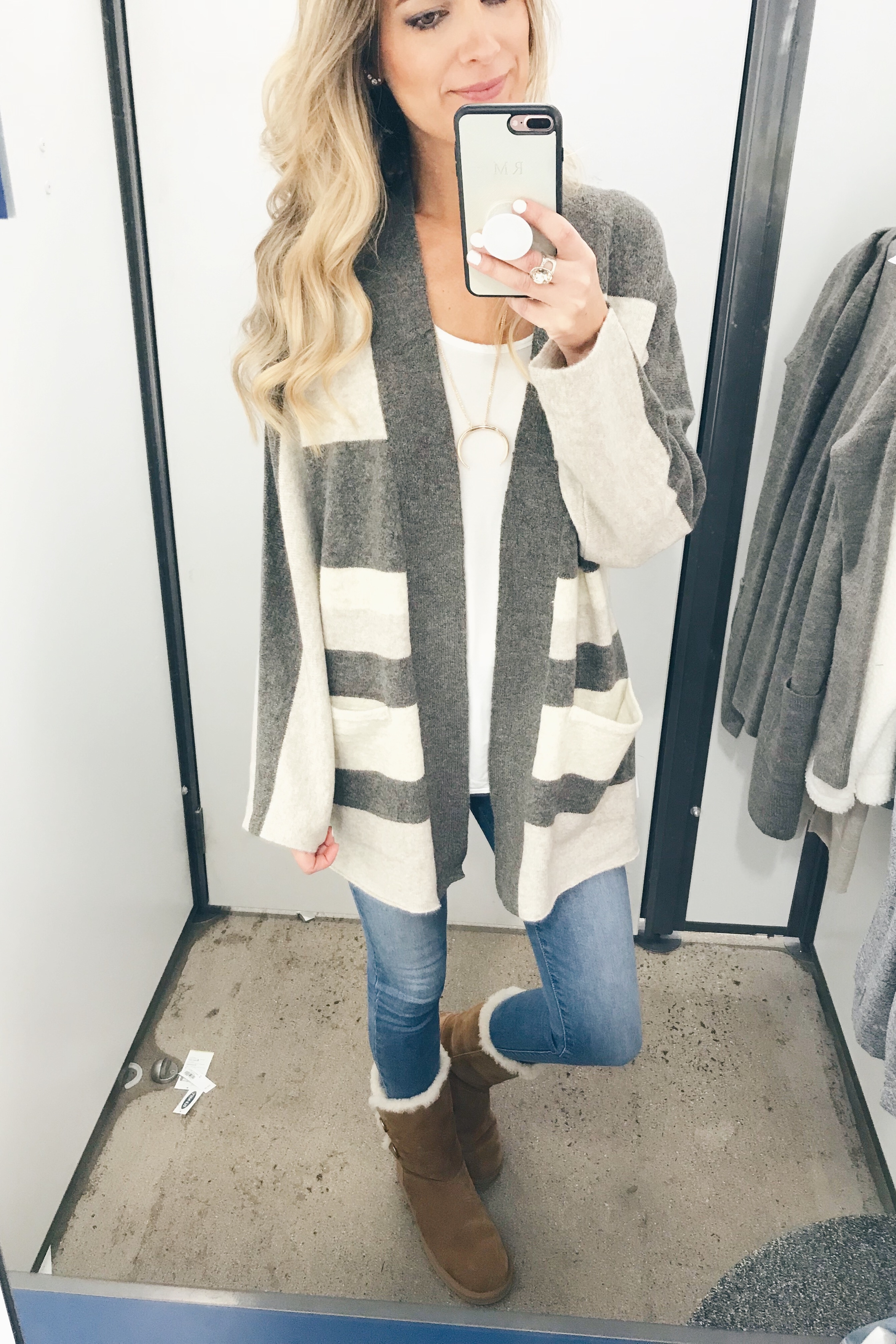 old navy friends and family sale try on - taupe and ivory striped cardigan over luxe white tank