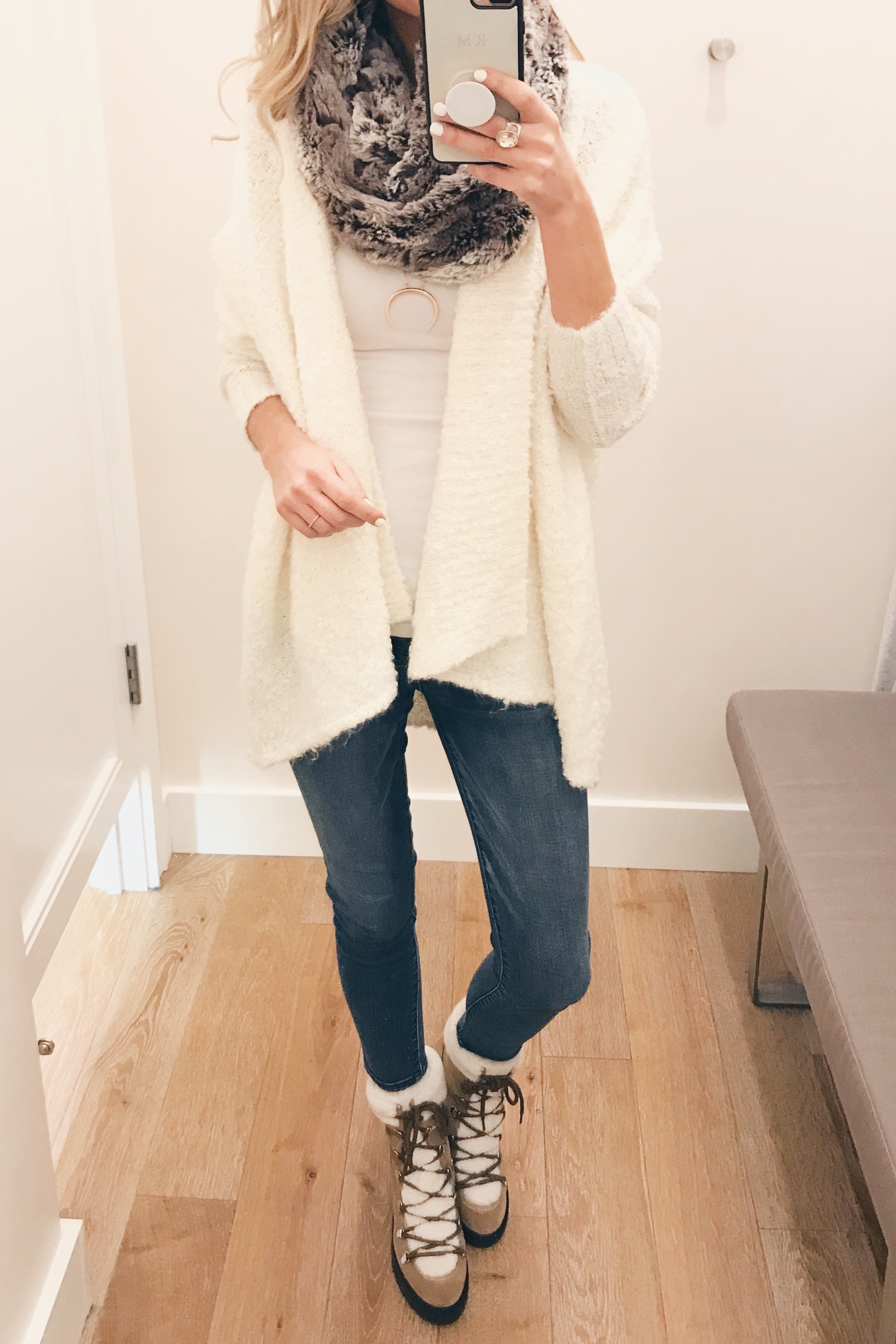 Veteran's Day Weekend Sale round up - ivory cardigan and faux fur infinity scarf on sale