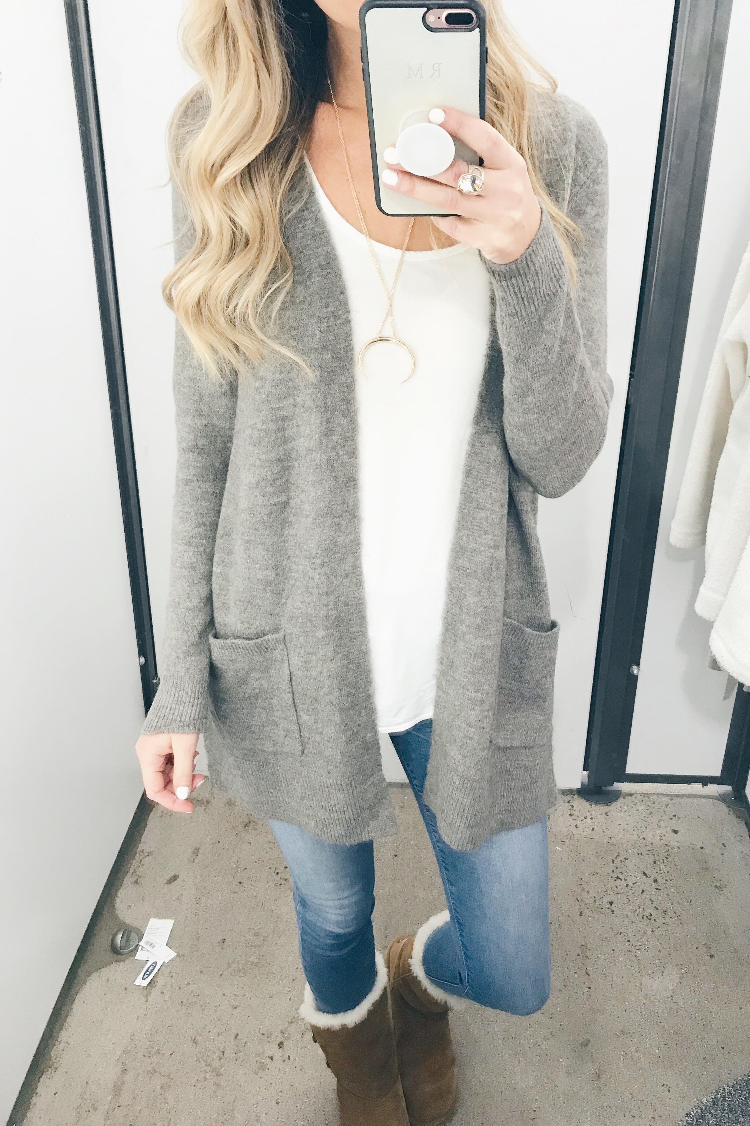 old navy friends and family sale try on - taupe cardigan over luxe white tank
