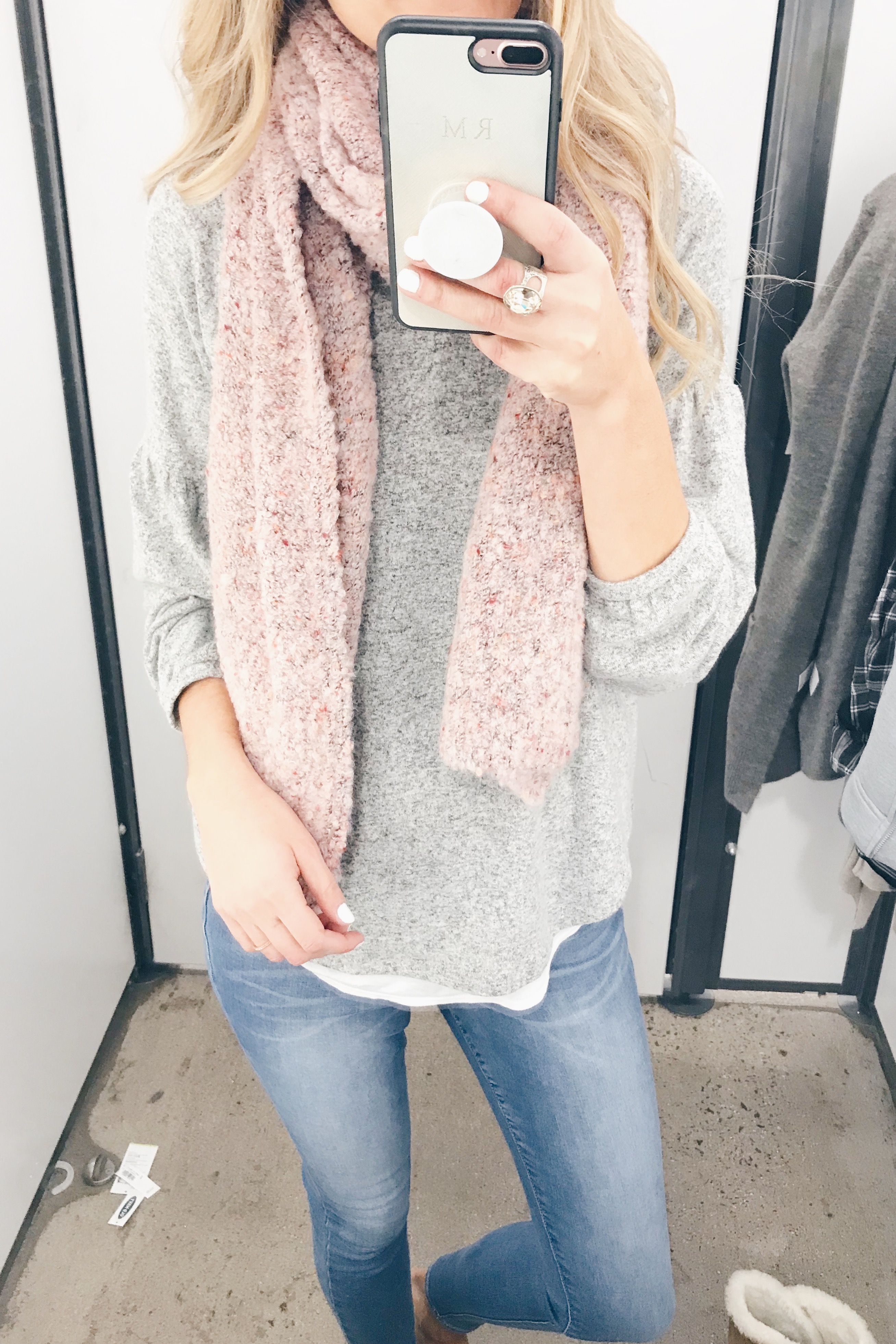 old navy friends and family sale try on - gray fleece top with pink scarf
