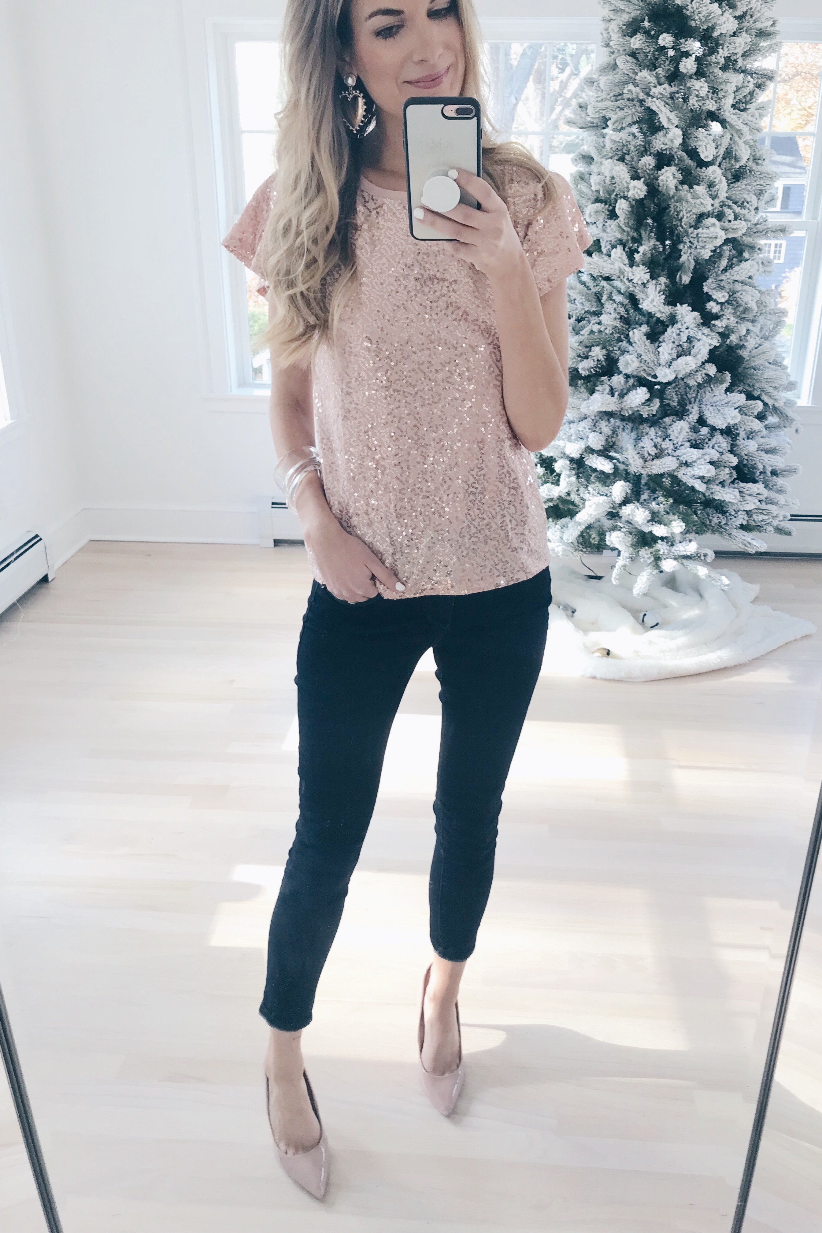  gibson glam holiday outfit ideas - pink sequin ruffle sleeve tee on pinteresting plans