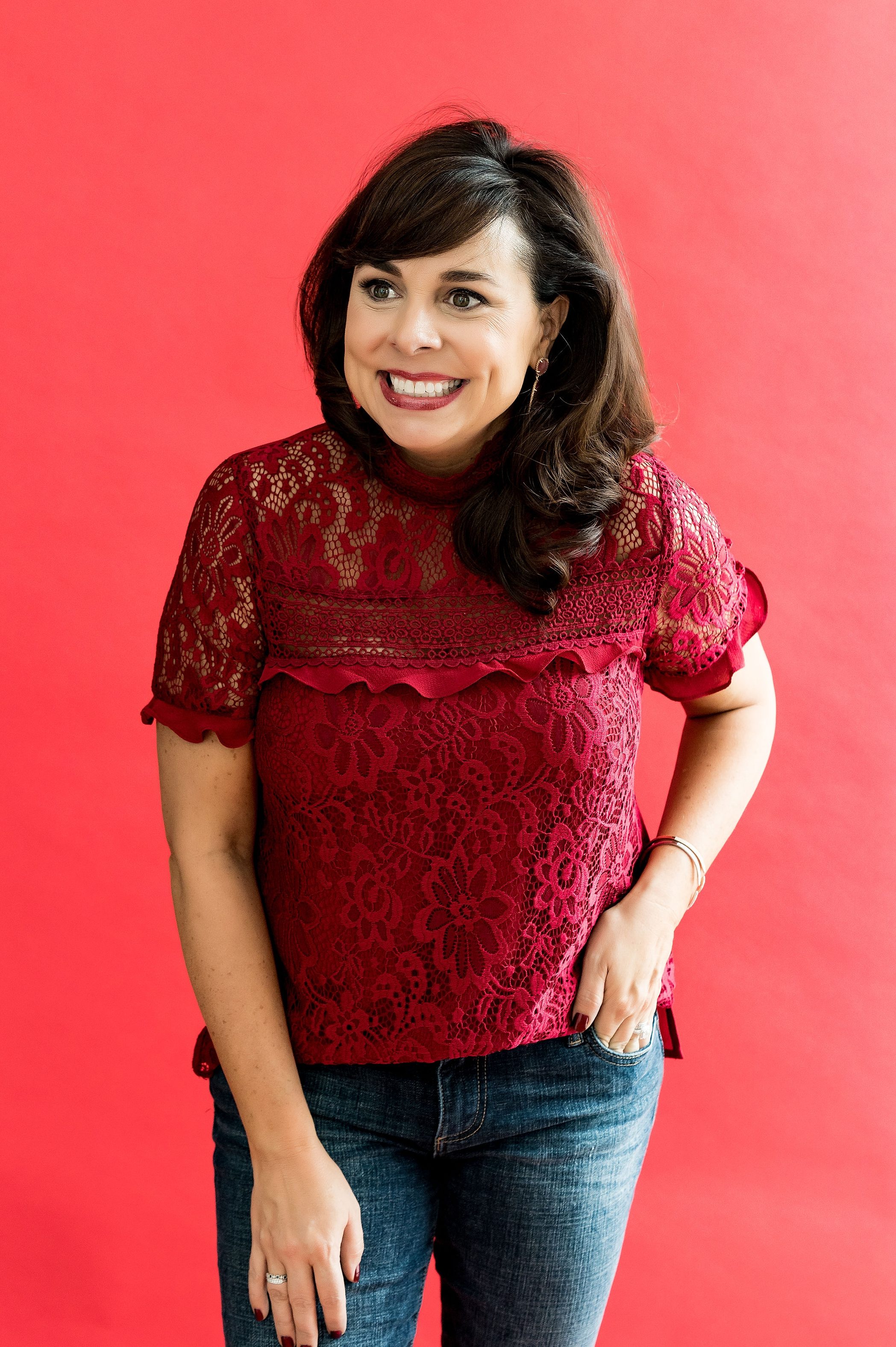 holiday outfit ideas from the gibson glam collection - red sheaffer lace top