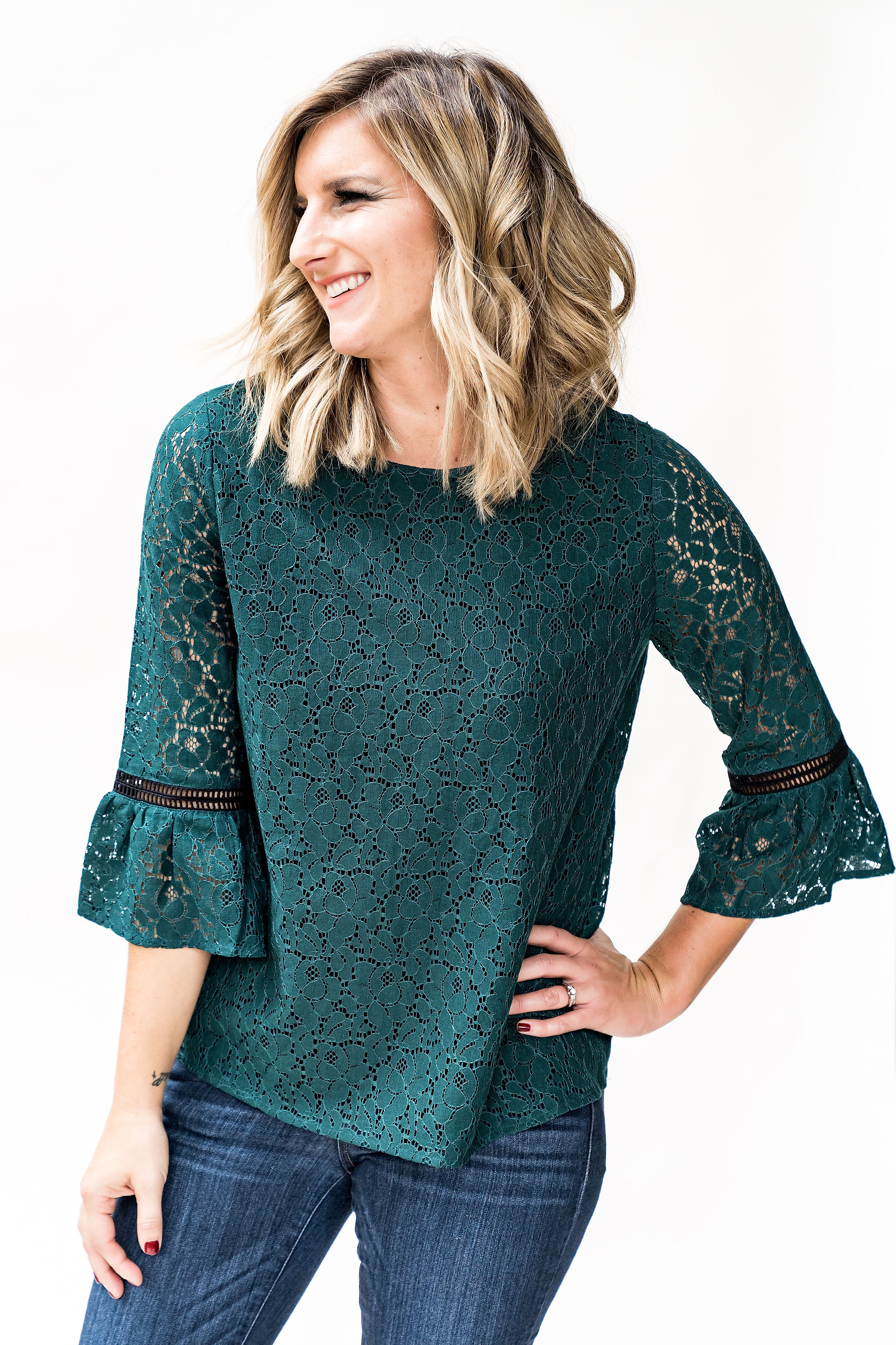 holiday outfit ideas from the gibson glam collection - the erin lace bell sleeve top in green