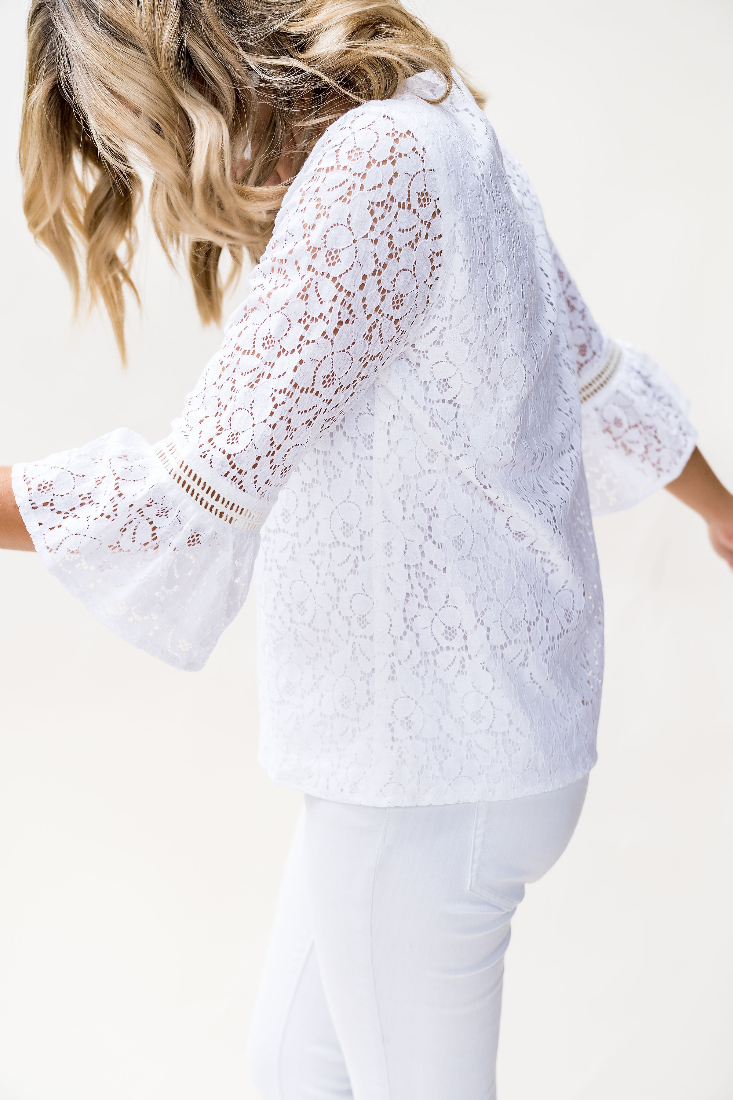 holiday outfit ideas from the gibson glam collection - the erin lace bell sleeve top in white