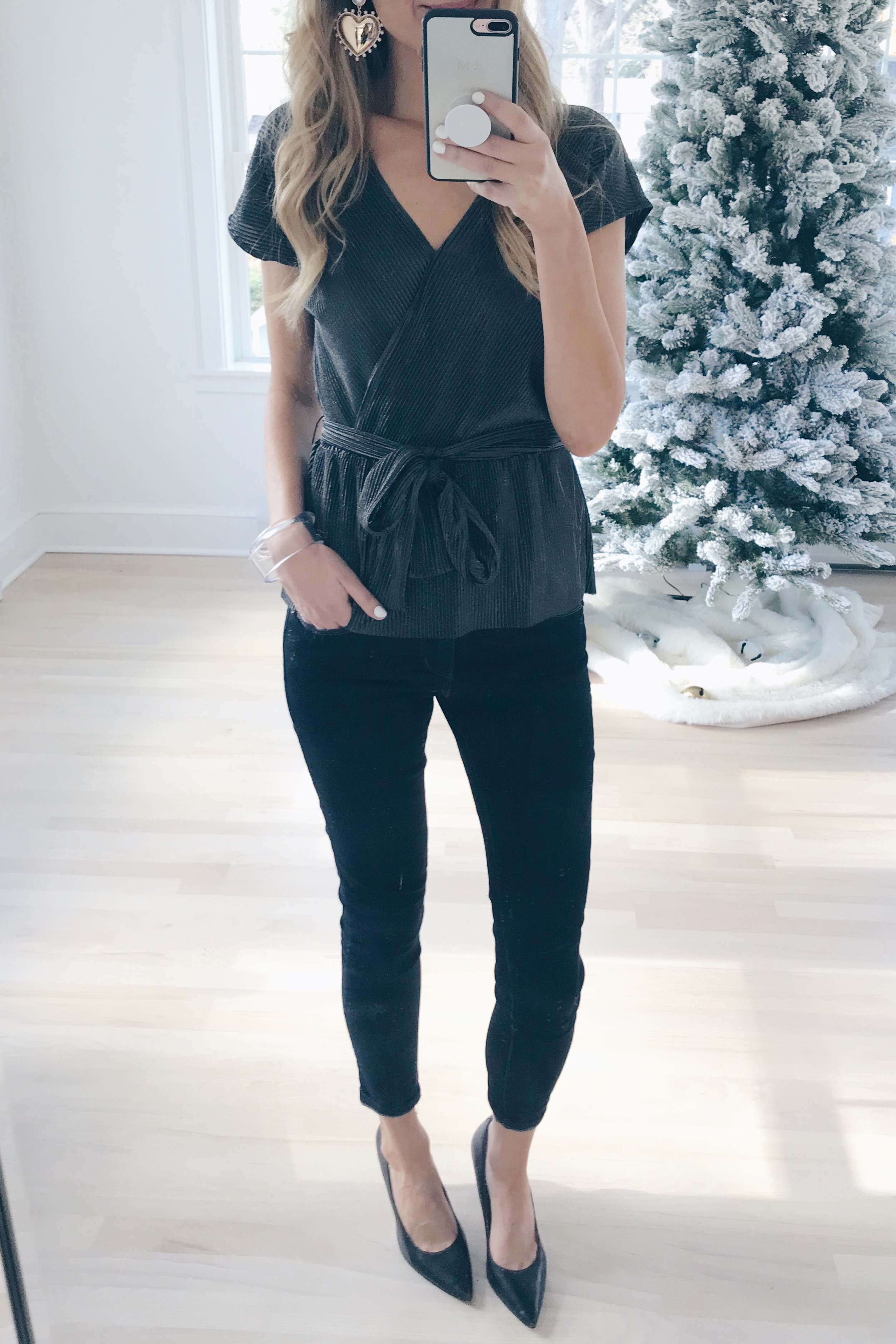  holiday outfit ideas - shimmer black faux wrap gibson glam top on pinteresting plans blog