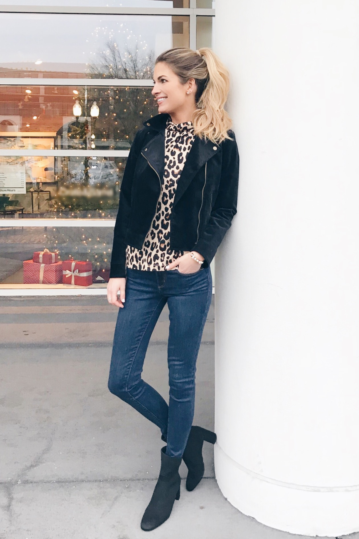  leopard holiday party outfits - moto jacket outfit on pinteresting plans fashion blog