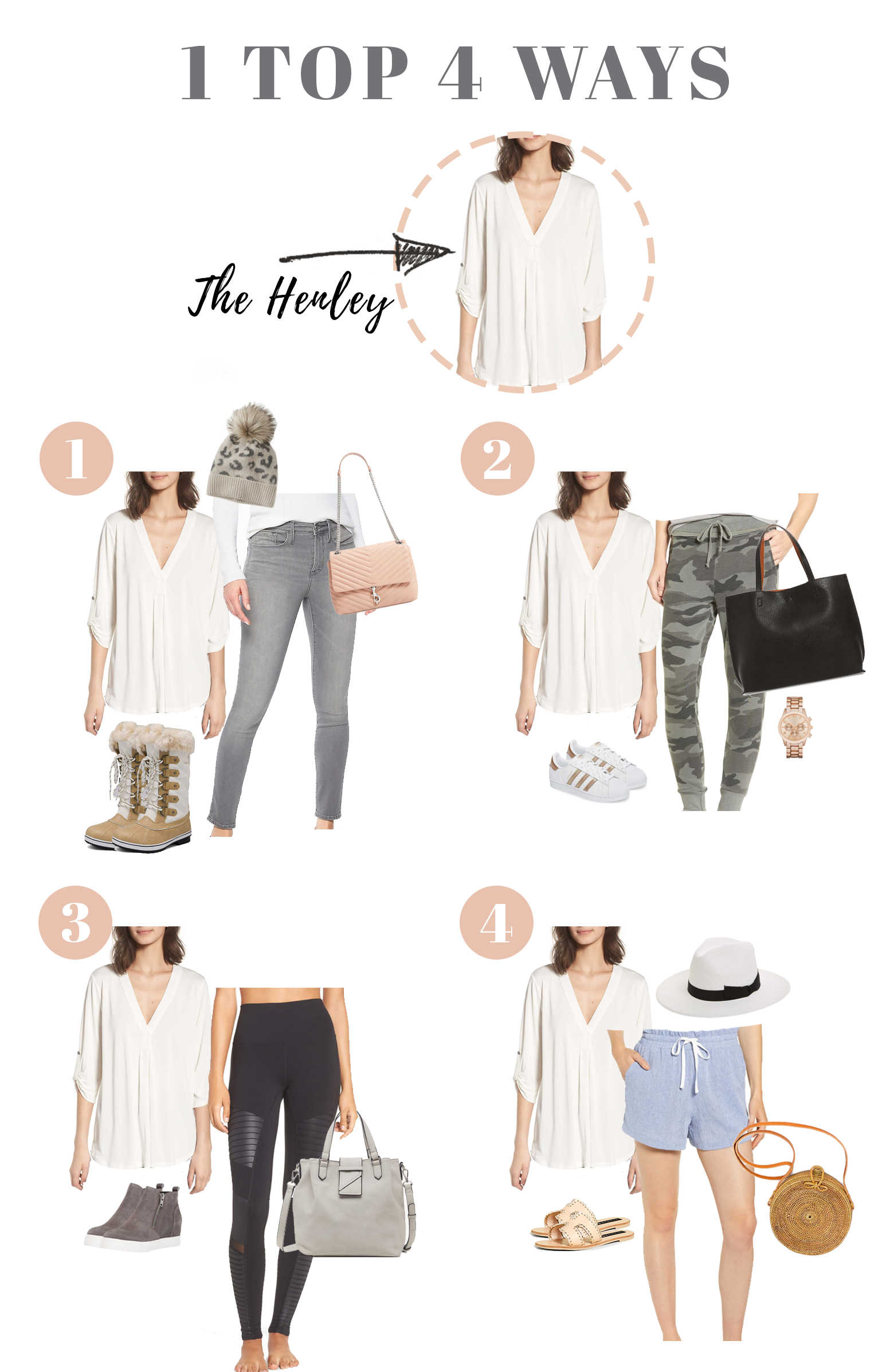 4 ways to style a white henley - women's spring outfit ideas on pinteresting plans fashion blog