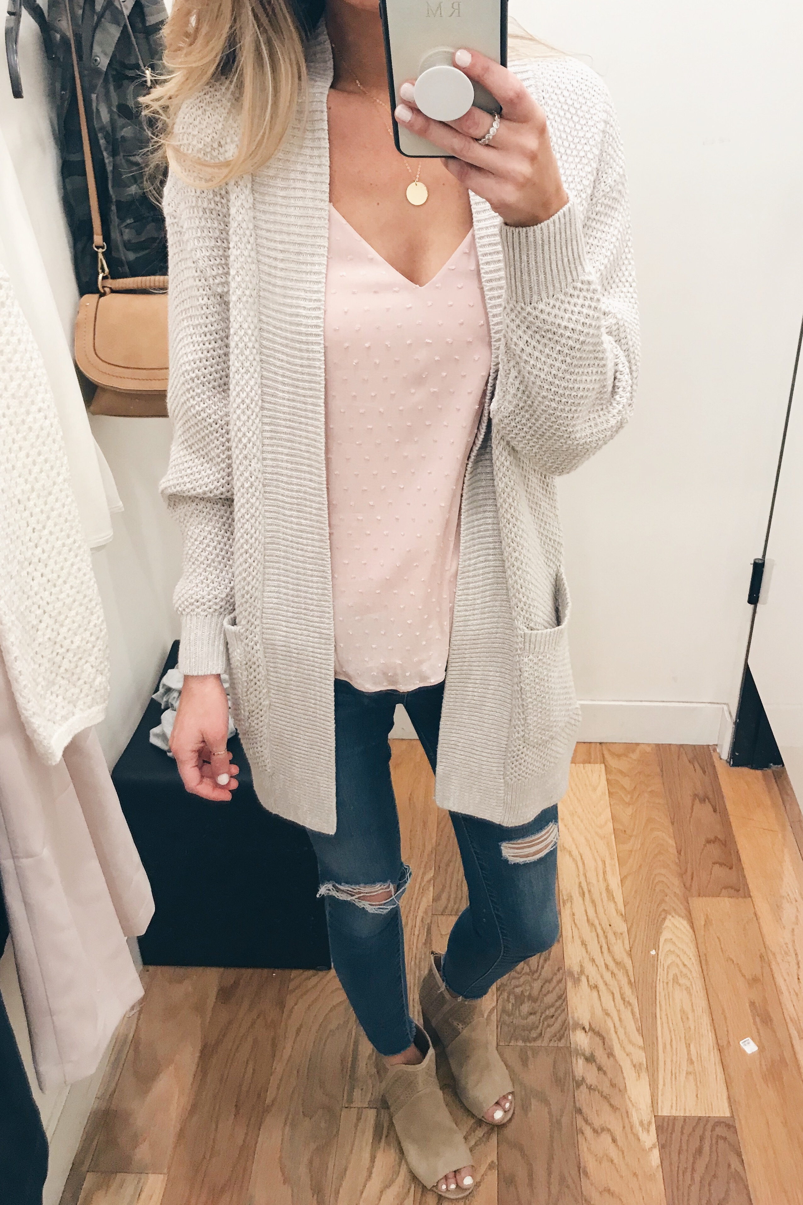 express try on - cardigan and blush pink camisole Pinteresting Plans blog