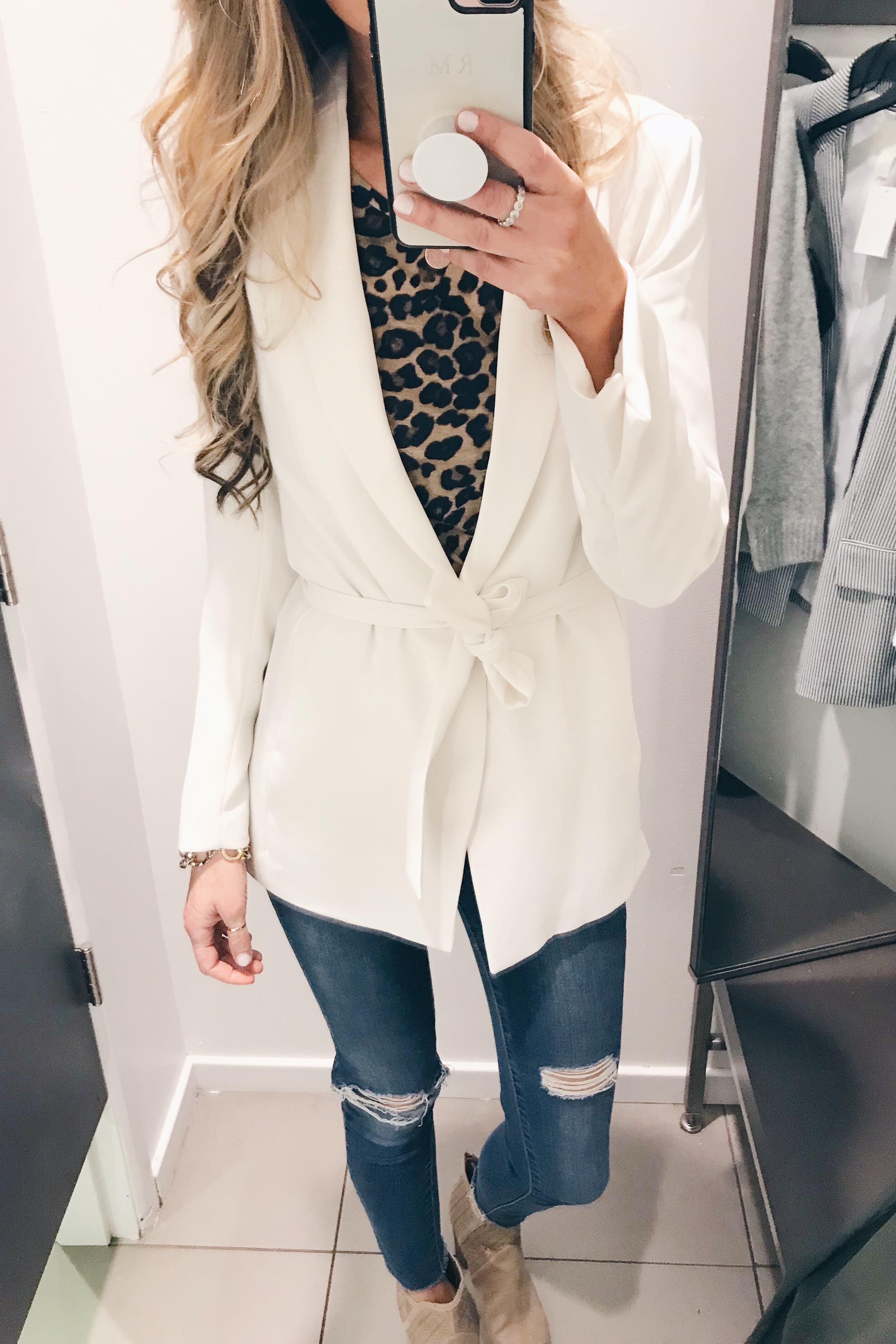 h&m try on - belted white blazer over leopard top on Pinteresting Plans fashion blog