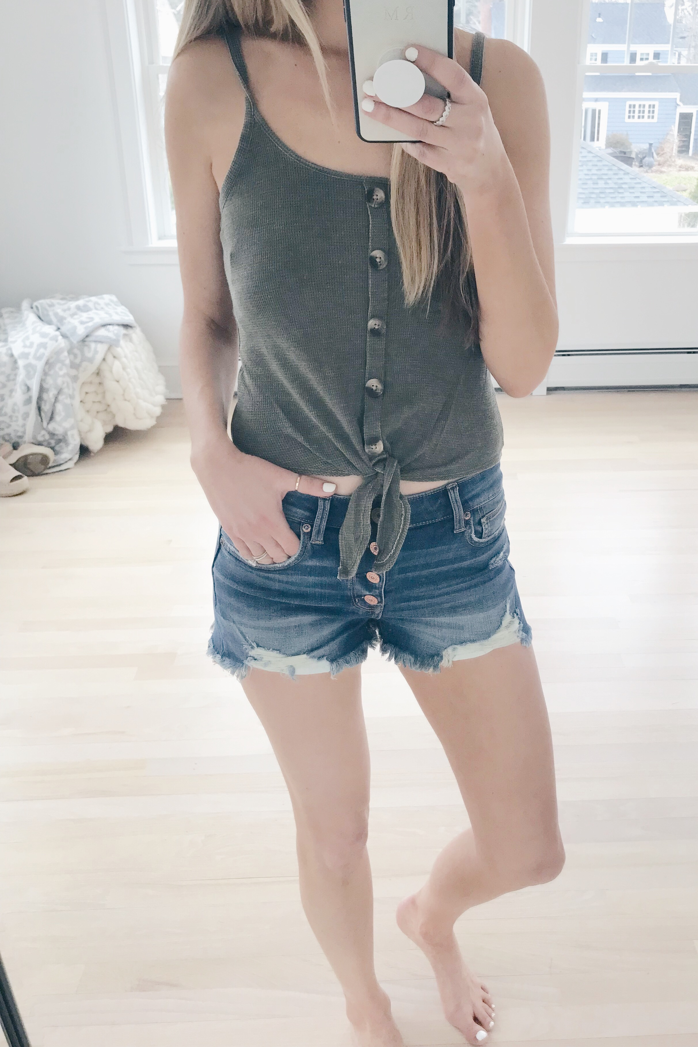 American Eagle spring try on - button front cami and button fly denim shorts