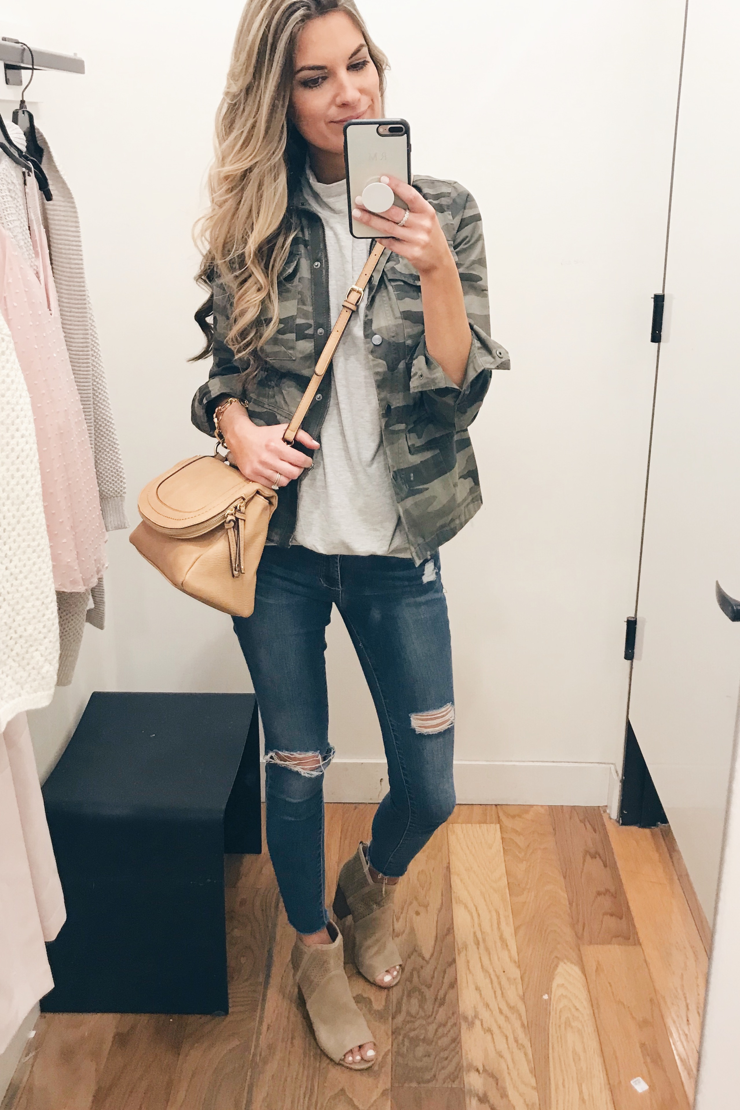 Pinteresting Plans blog - spring outfit with camo jacket and peep toe booties 