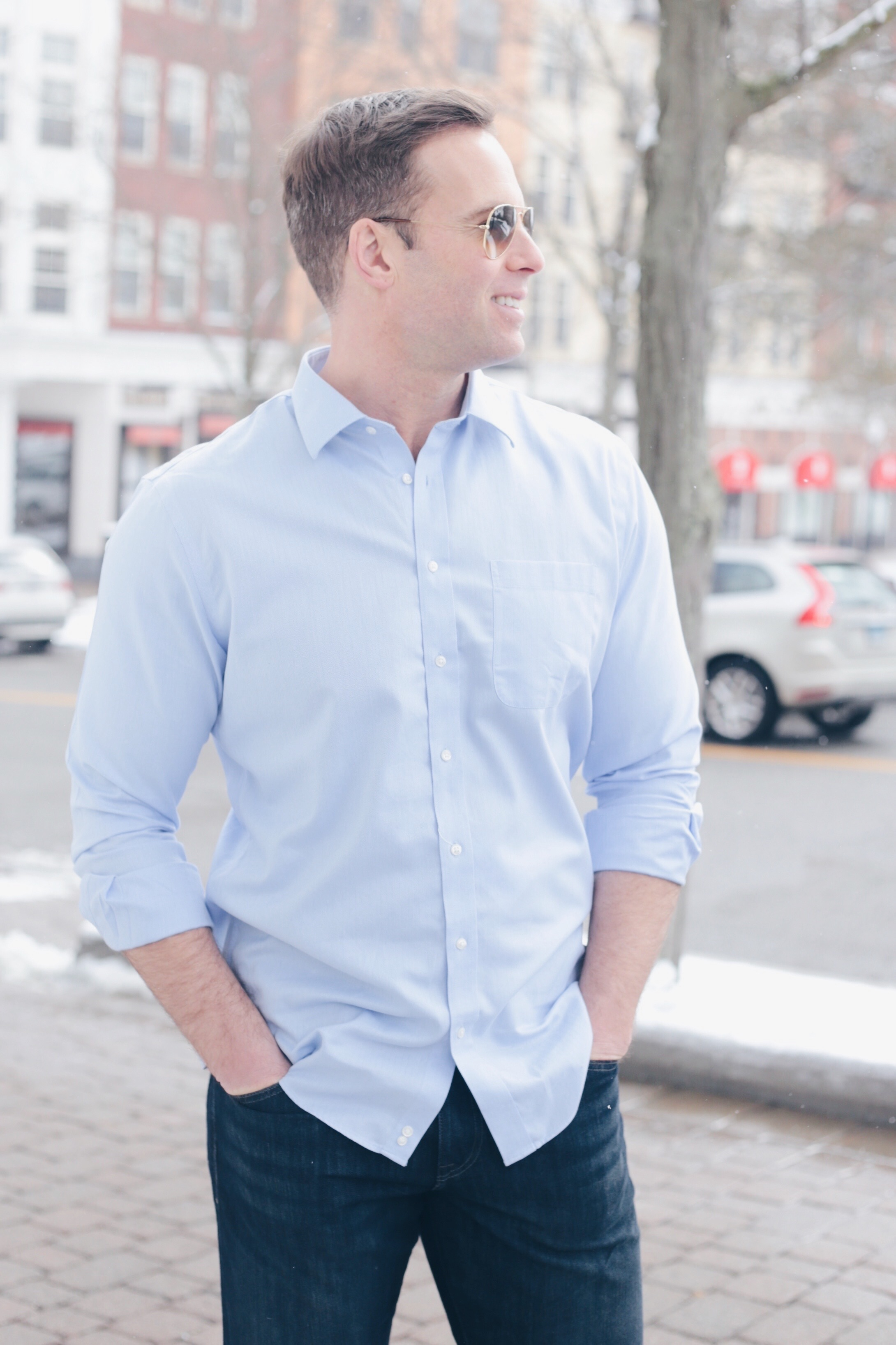  men's spring capsule wardrobe 2019 - blue button down shirt in tall sizes