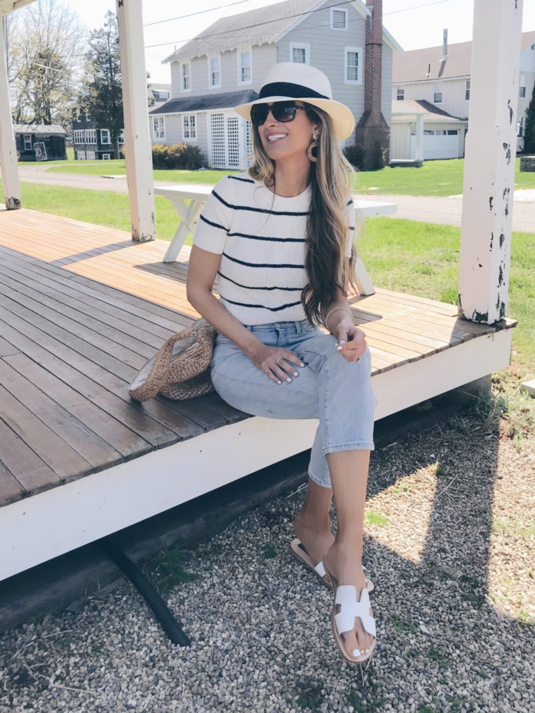 spring travel outfits 2019 - cropped jeans and striped short sleeve sweater on pinteresting plans fashion blog