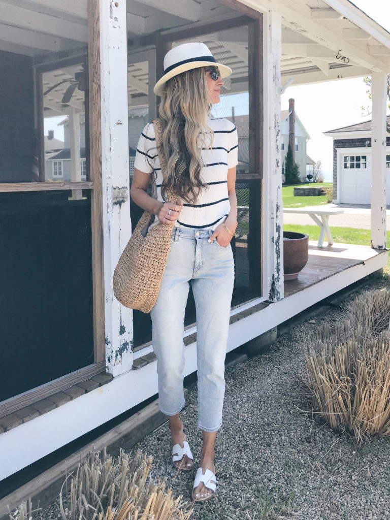 spring travel outfits 2019 - cropped jeans and striped short sleeve sweater with sandals on pinteresting plans fashion blog