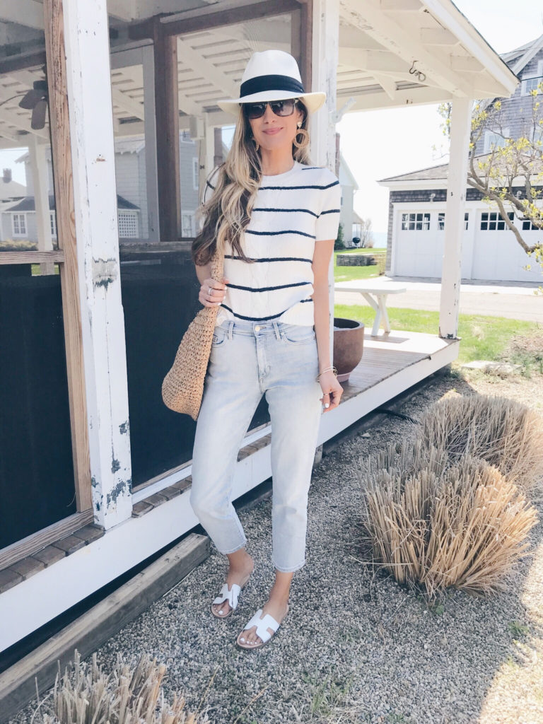 spring travel outfits 2019 - striped cable knit sweater and high waisted cropped jeans on pinteresting plans connecticut fashion blogger