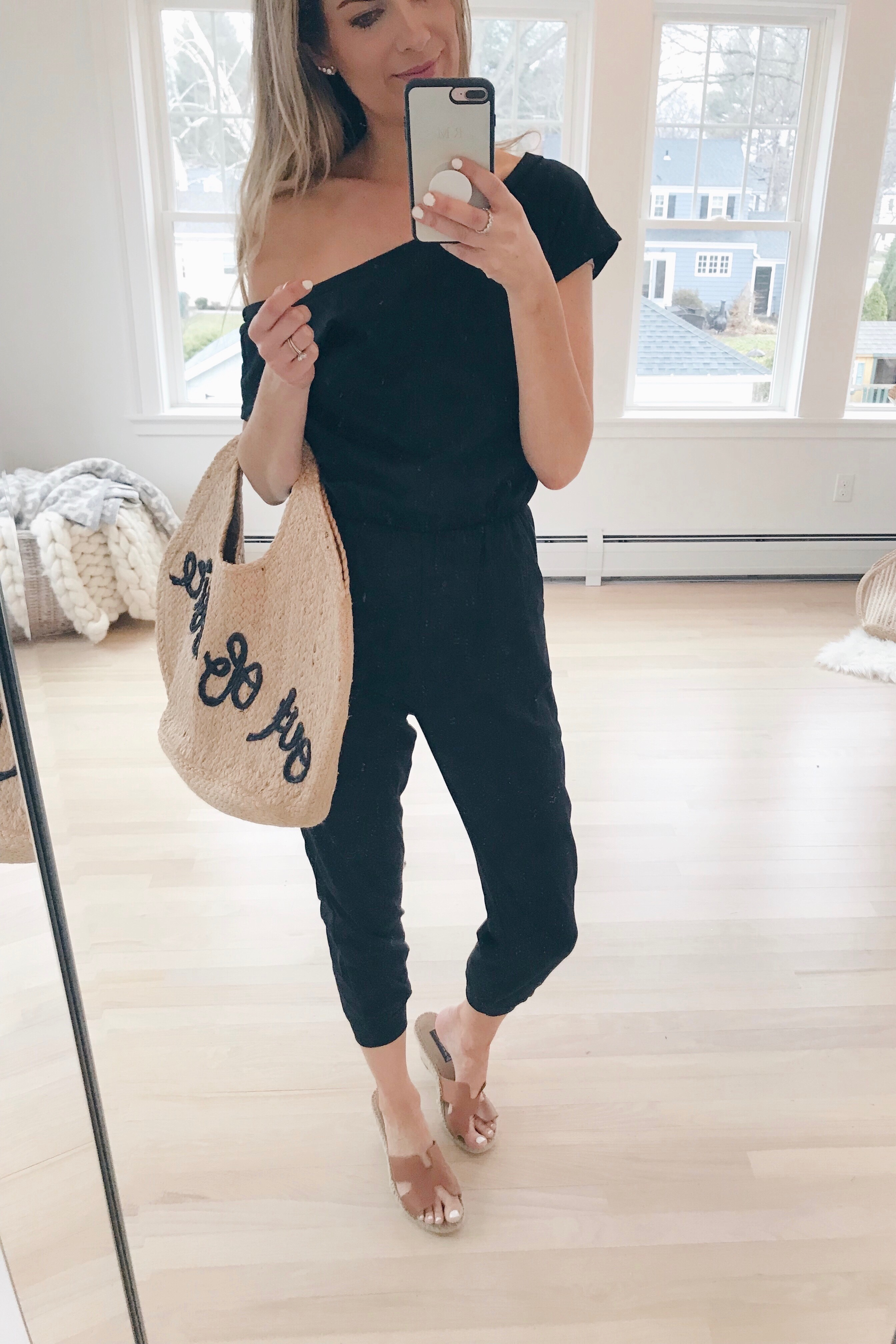 top spring outfits - off the shoulder jumpsuit - and easter weekend sales on pinteresting plans connecticut fashion blog