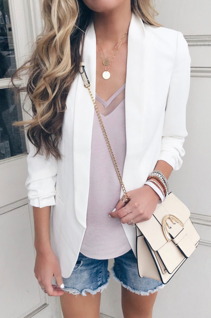 boyfriend blazer with shorts and beaded wrap bracelets and boho cuffs on pinteresting plans connecticut fashion blog