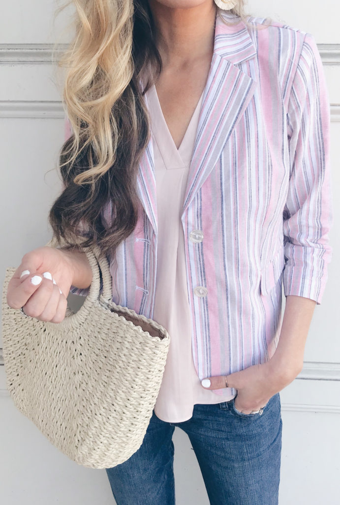 church picnic outfit - striped blazer with pink camisole on pinteresting plans fashion blog