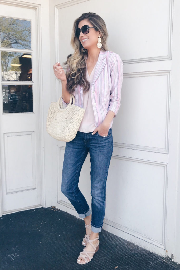 pink striped blazer with slim boyfriend jeans - church picnic outfit - what to weaar where with qvc on pinteresting plans blog