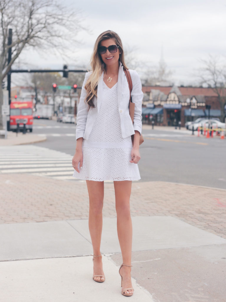 white eyelet dress with blazer - workwear spring travel outfit