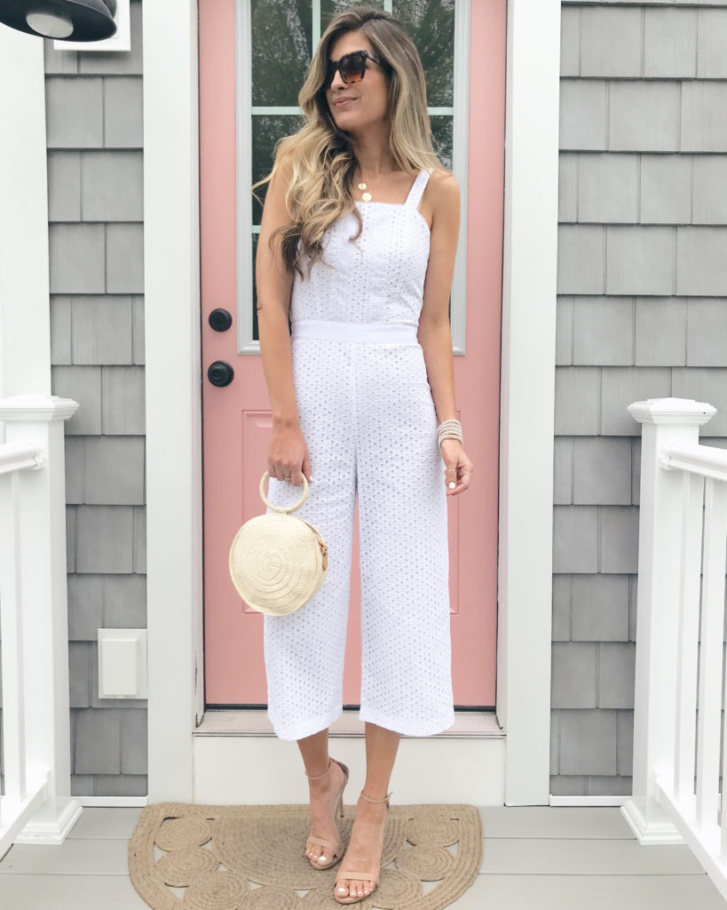 white eyelet jumpsuit and summer outfit ideas from the memorial day weekend sales on pinteresting plans blog
