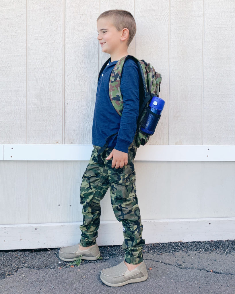 little boy with camo backpack - pinteresting plans blog shopping tips