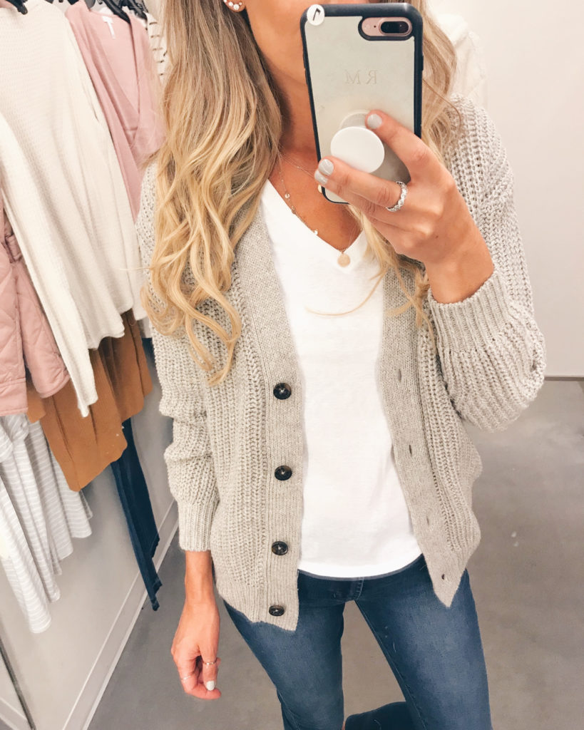nordstrom anniversary sale 2019 try on - button front taupe cardigan - pinteresting plans blog