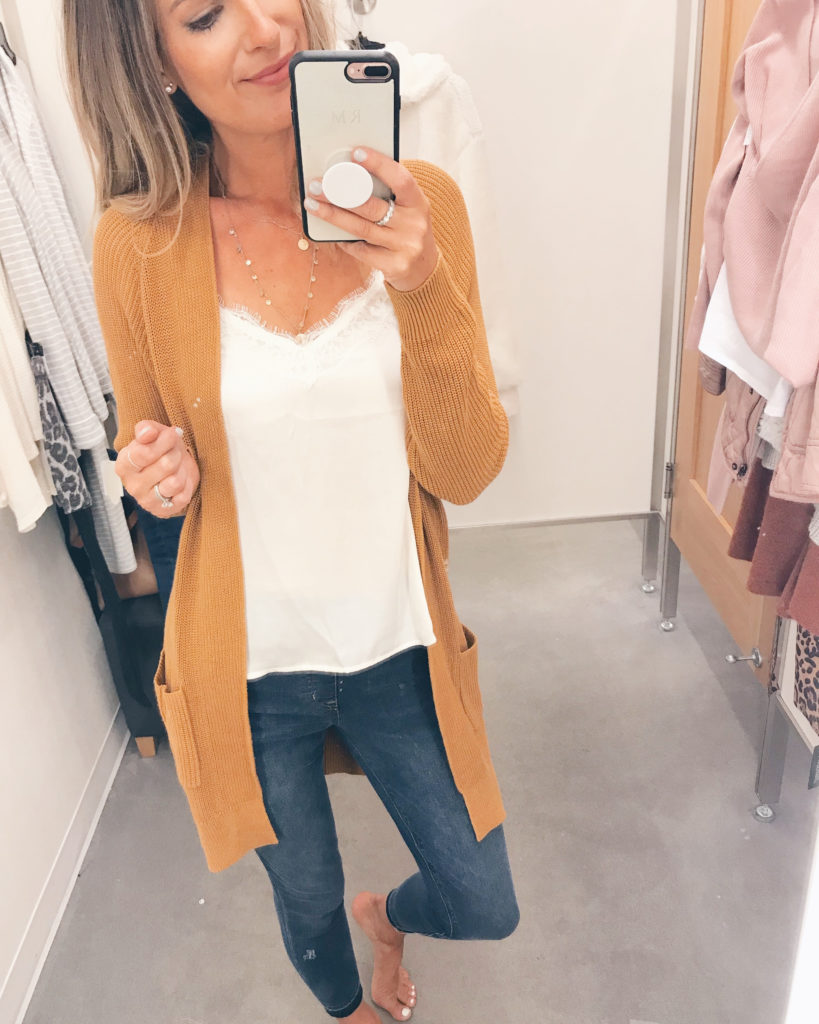 nordstrom anniversary sale 2019 try on - ivory satin cami under fall cardigan - pinteresting plans blog