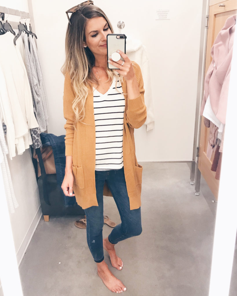 nordstrom anniversary sale 2019 try on - pumpkin spice cardigan with striped tee - pinteresting plans blog