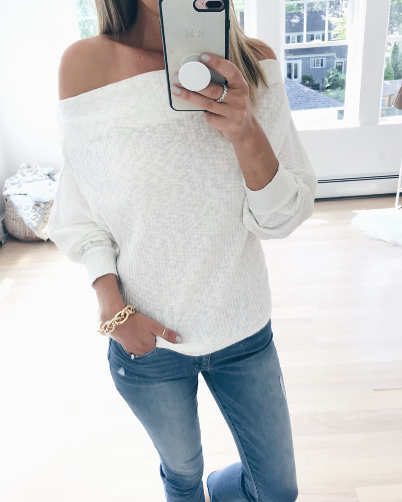 nordstrom anniversary sale try on 2019 - white off the shoulder sweater - pinteresting plans fashion blog