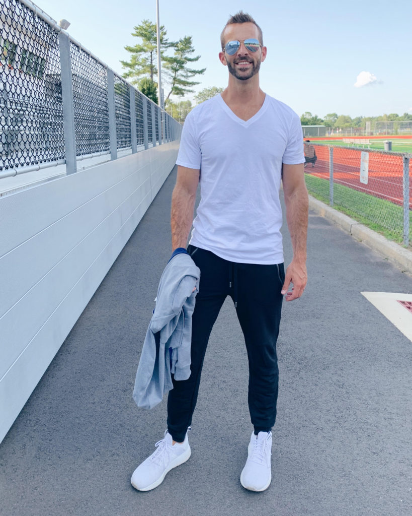 men's workout athleisure outfit featuring classic white vneck tee shirt from jockey on pinteresting plans blog