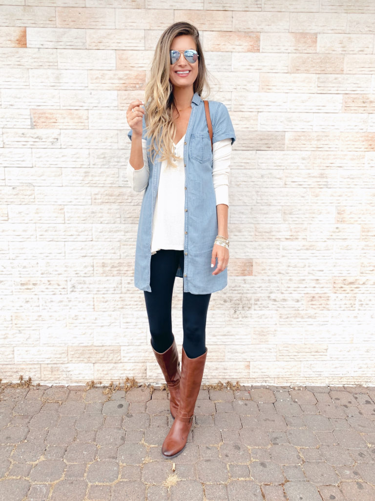 fashion blogger wearing Abercrombie chambray dress layered over free people henley and sole society handbag