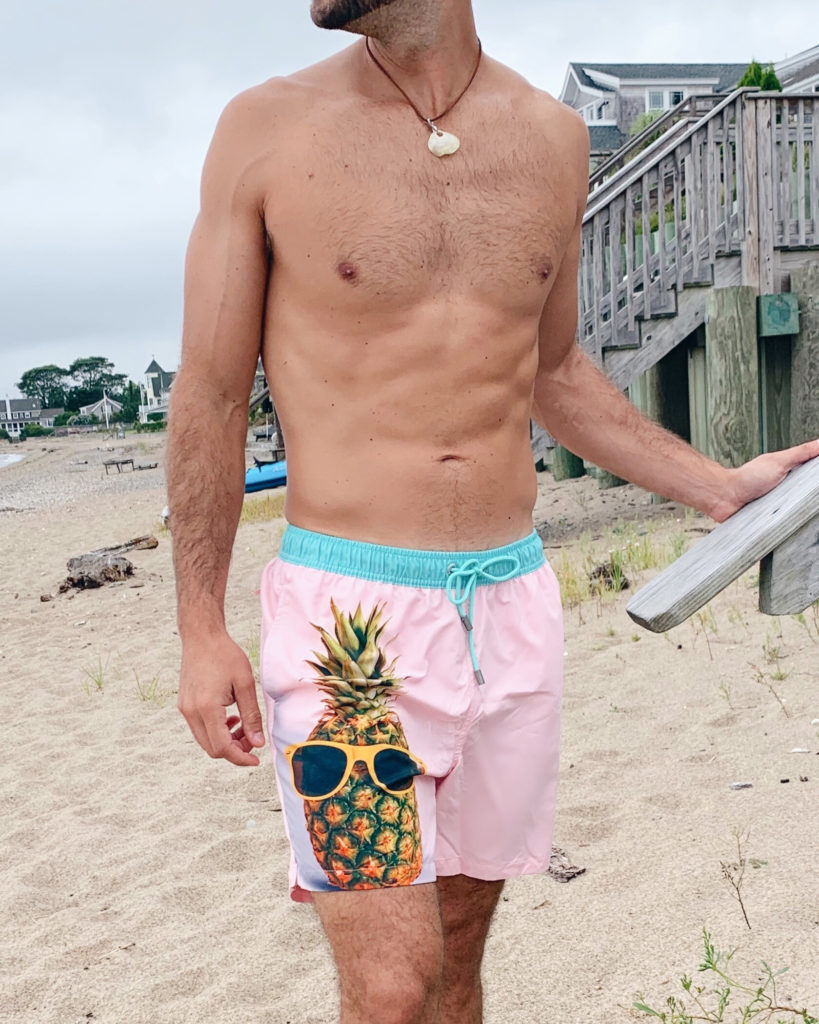 couple athleisure outfits - pineapple swim trunks