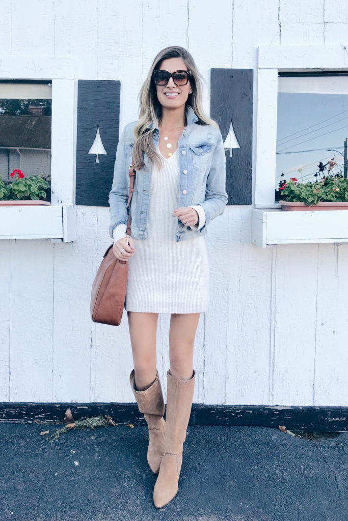 fashion blogger styling something navy sweater dress with tall boots for a casual outfit