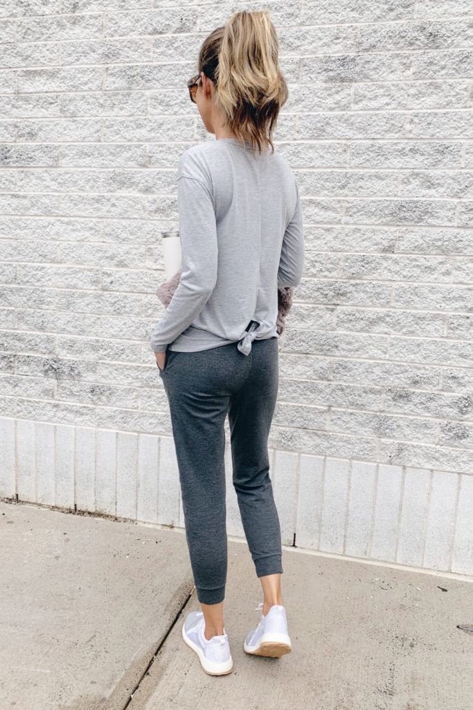 fashion blogger wearing womens jockey grey tie back long sleeve top