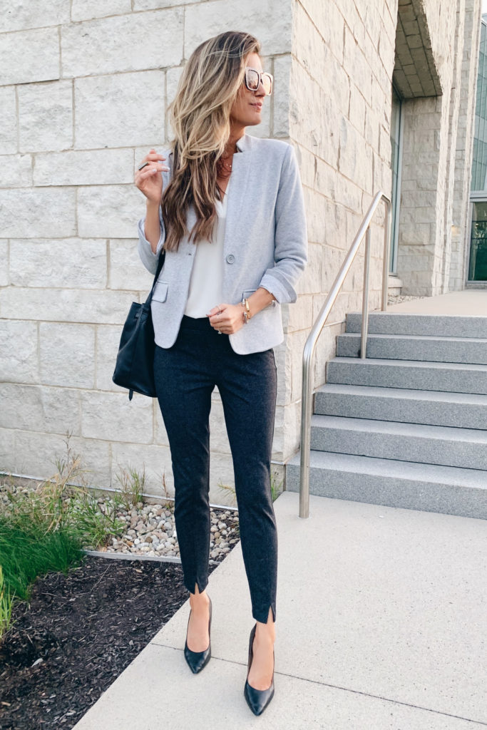 fashion blogger wearing nordstrom gibson notch collar grey blazer