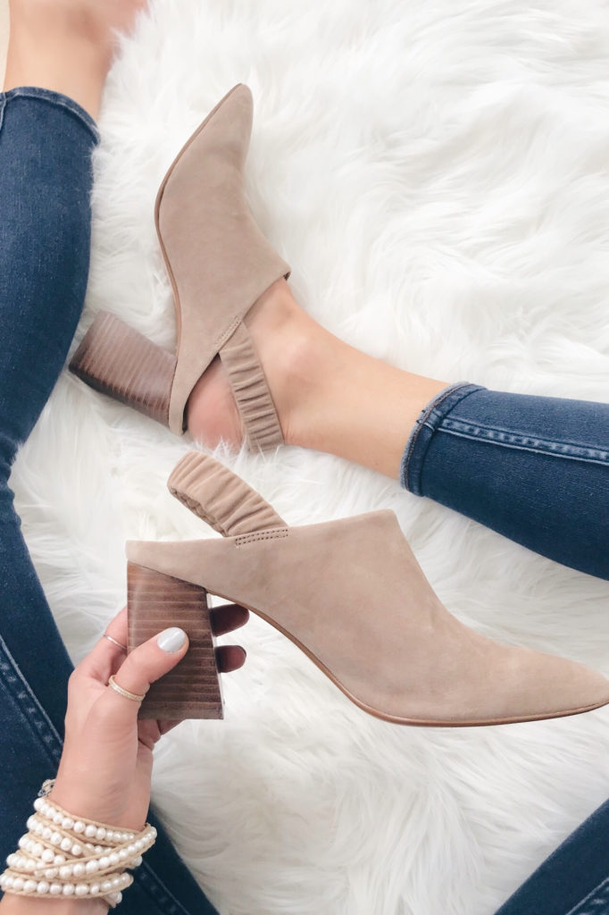 fashion blogger wearing sole society callan taupe slingback pumps