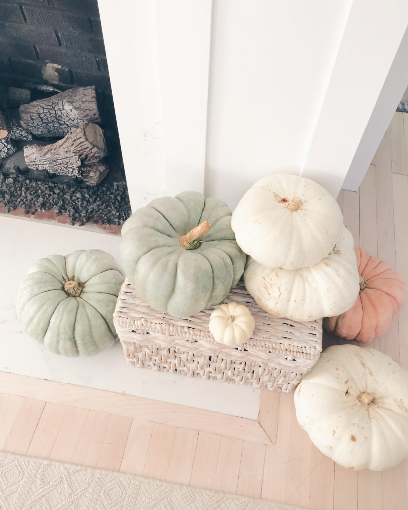 white and green pumpkins surrounding neutral fall mantle decor - pinteresting plans blog