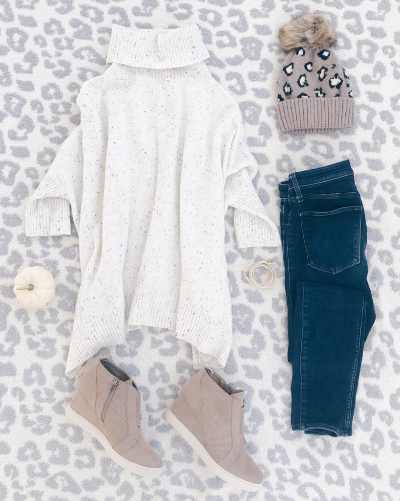 cute fall outfits - white sweater poncho and wedge sneakers outfit with Victoria Emerson wrap bracelet and leopard beanie