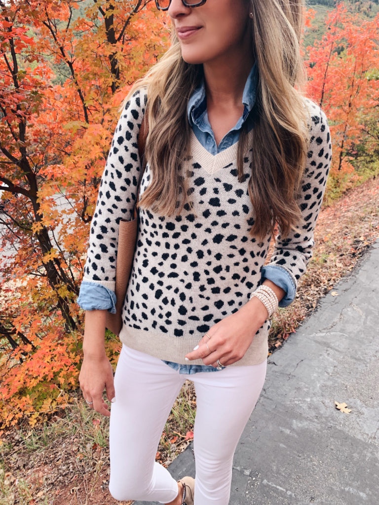 cute fall outfits - leopard v neck sweater and Victoria Emerson wrap bracelet on pinteresting plans blogger Rachel Moore