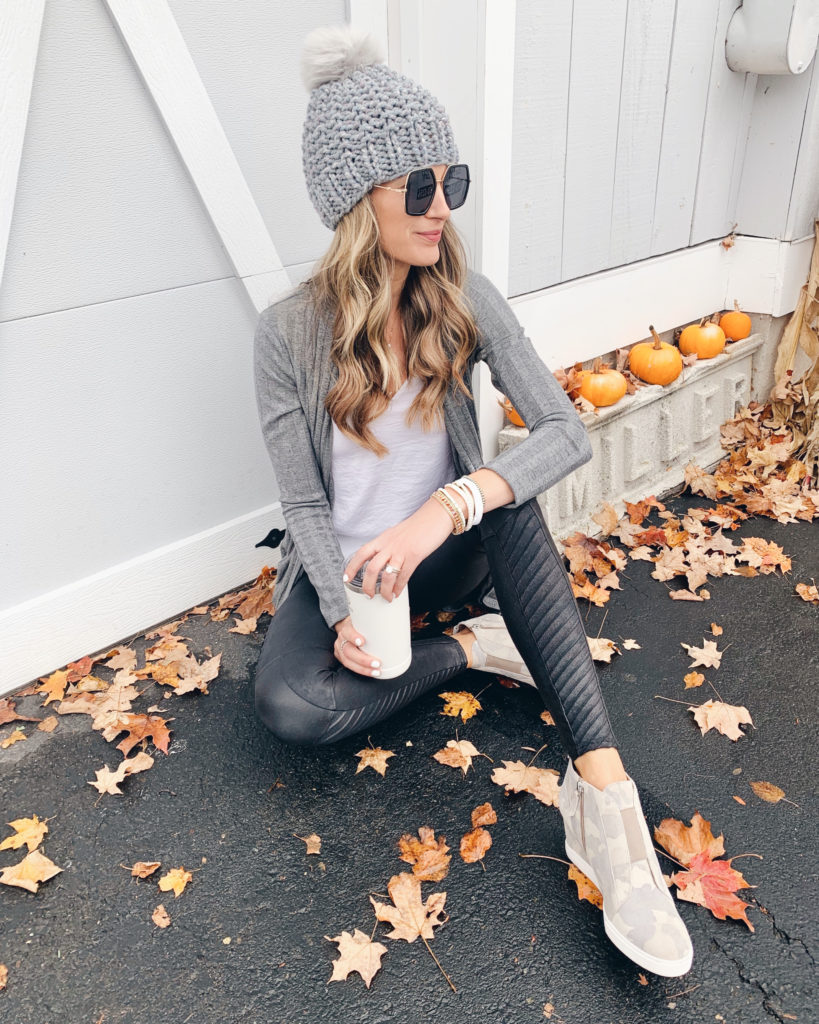 fall outfits from pinteresting plans blogger rachel moore - faux leather leggings and wedge sneakers with victoria emerson cuff bracelet