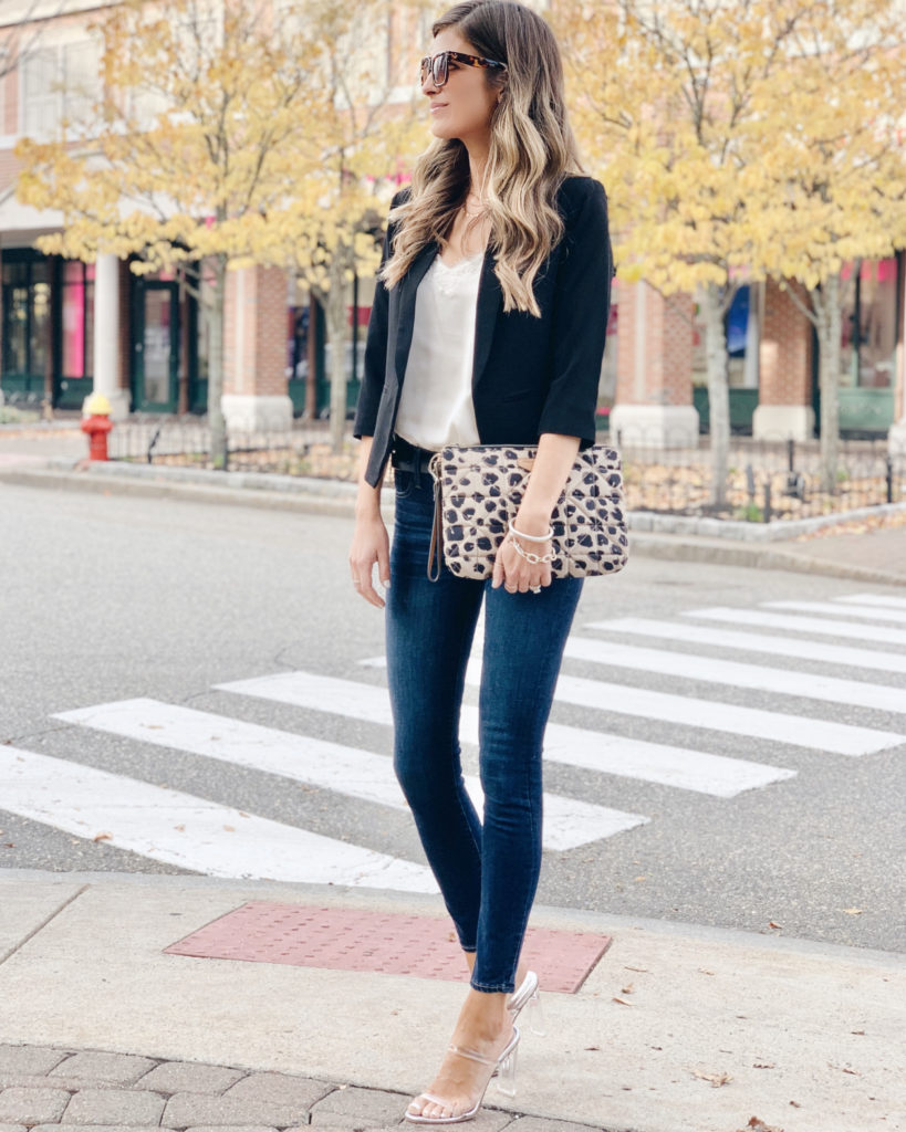 fall date night outfit featuring lace trim cami black blazer and madewell button front high rise skinny jeans